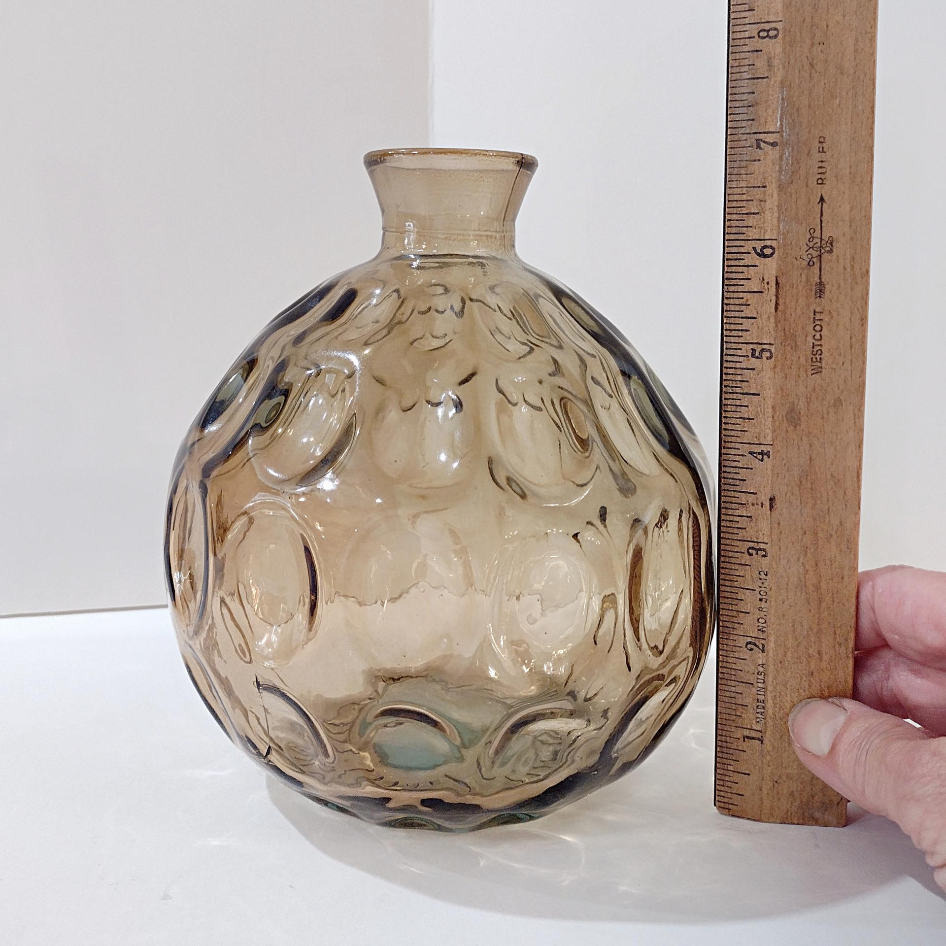 Vintage San Miguel Amber Round Globe Thumbprint Recycled Glass Vase