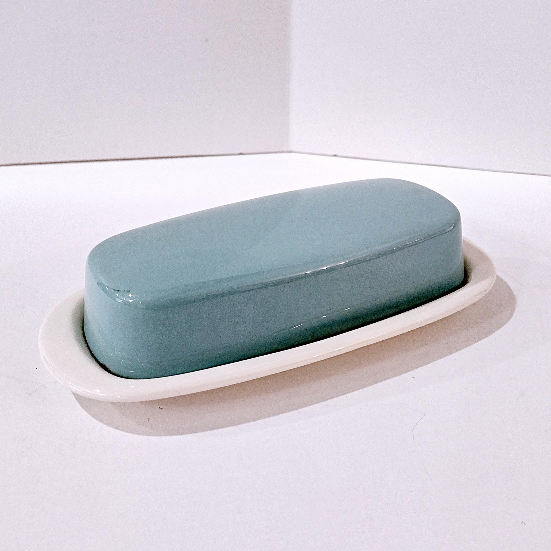 Vintage Homer Laughlin Vista Orbit Turquoise Aqua Blue Covered Butter Dish, Retro 1960's MCM Dinnerware