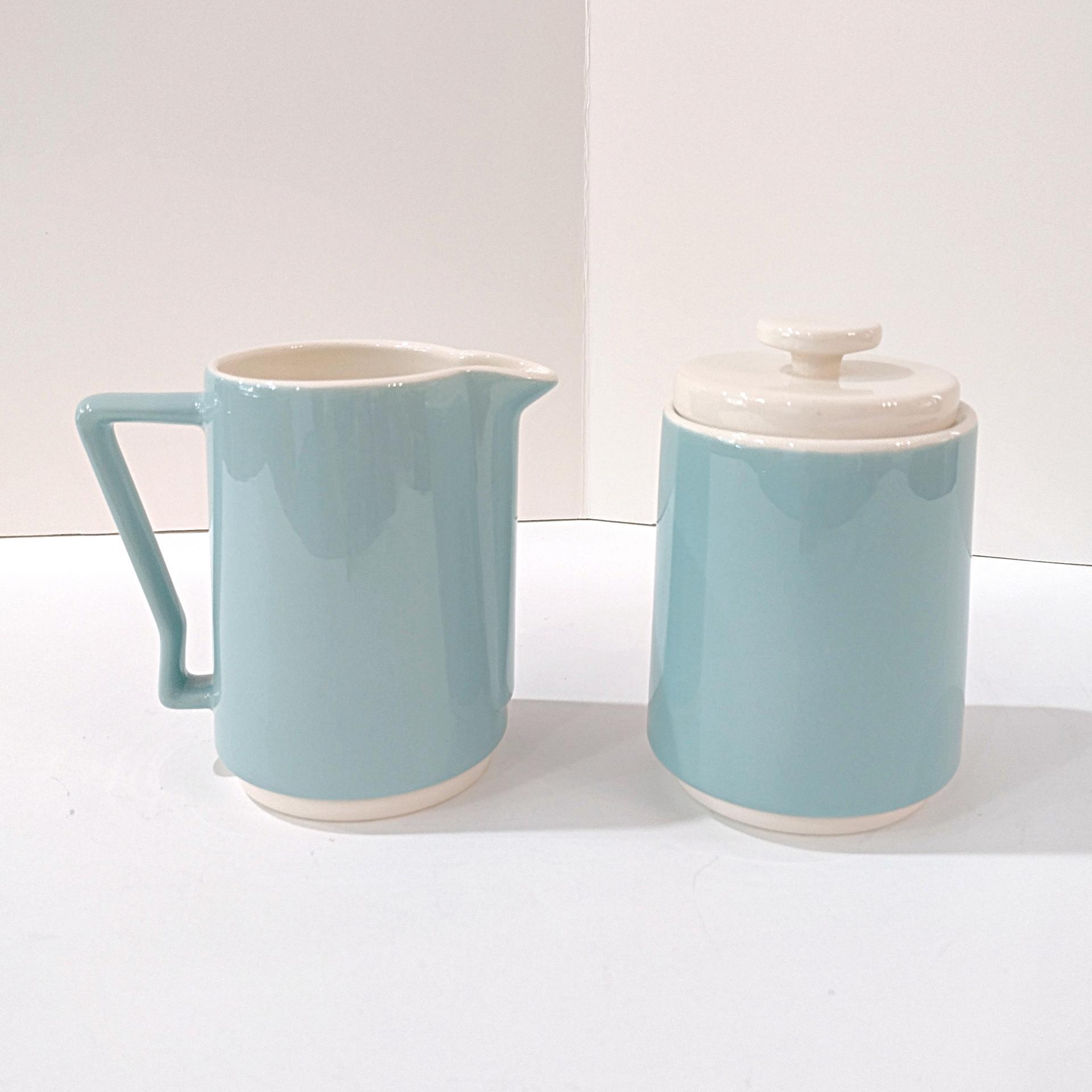 Vintage Homer Laughlin Vista Orbit Aqua Turquoise Blue Creamer and Covered Sugar Bowl Set