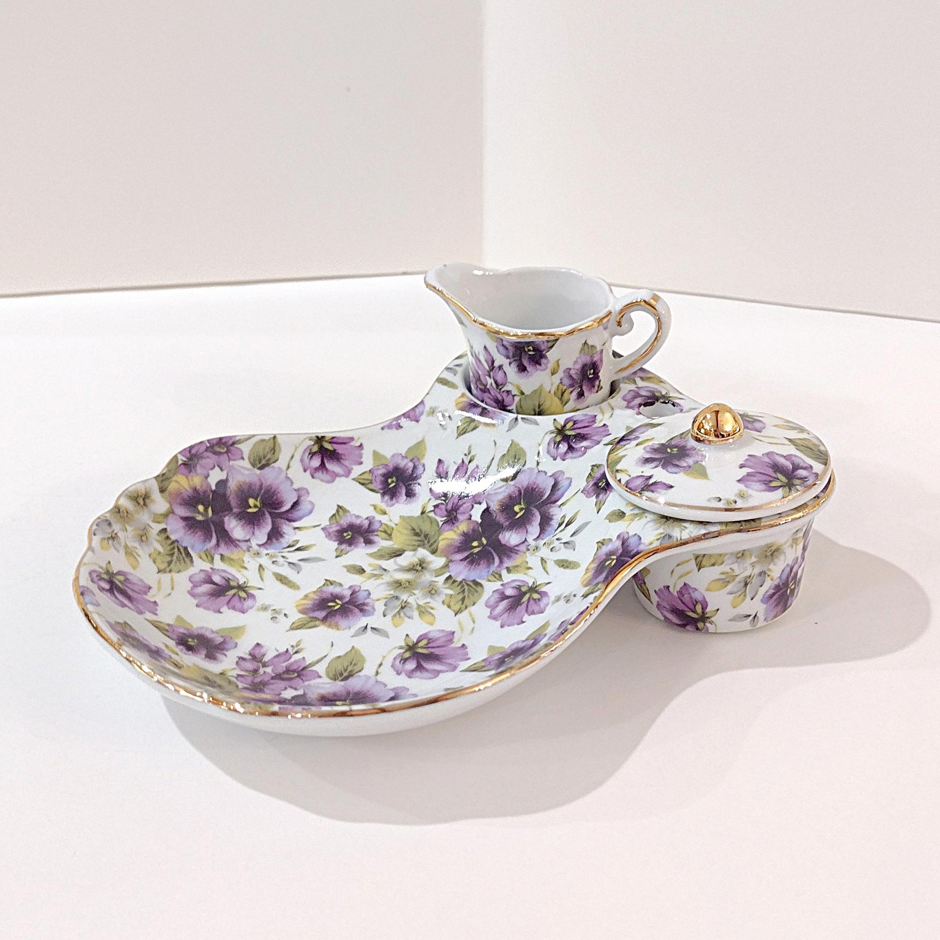 Vintage Purple Violets Floral Tea Cup Holder Plate with Creamer and Sugar Bowl, Victorian Style Porcelain Tea Set