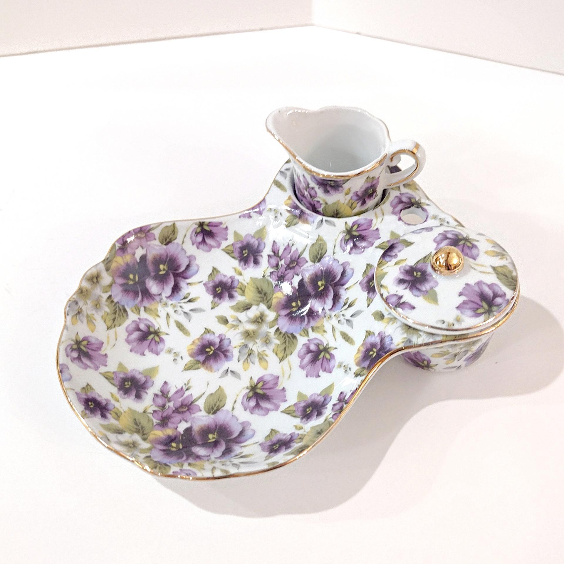 Vintage Purple Violets Floral Tea Cup Holder Plate with Creamer and Sugar Bowl, Victorian Style Porcelain Tea Set