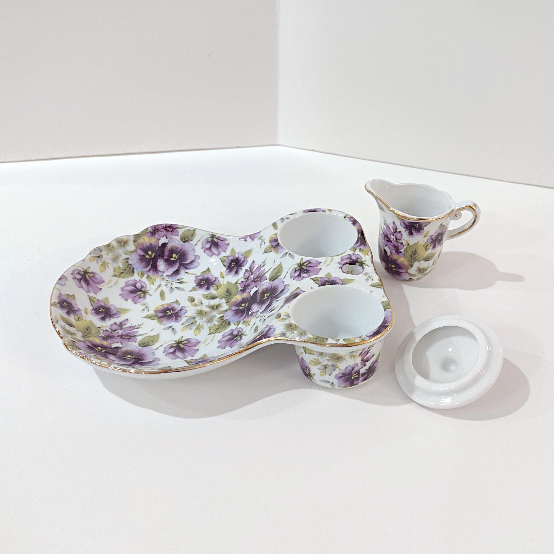 Vintage Purple Violets Floral Tea Cup Holder Plate with Creamer and Sugar Bowl, Victorian Style Porcelain Tea Set