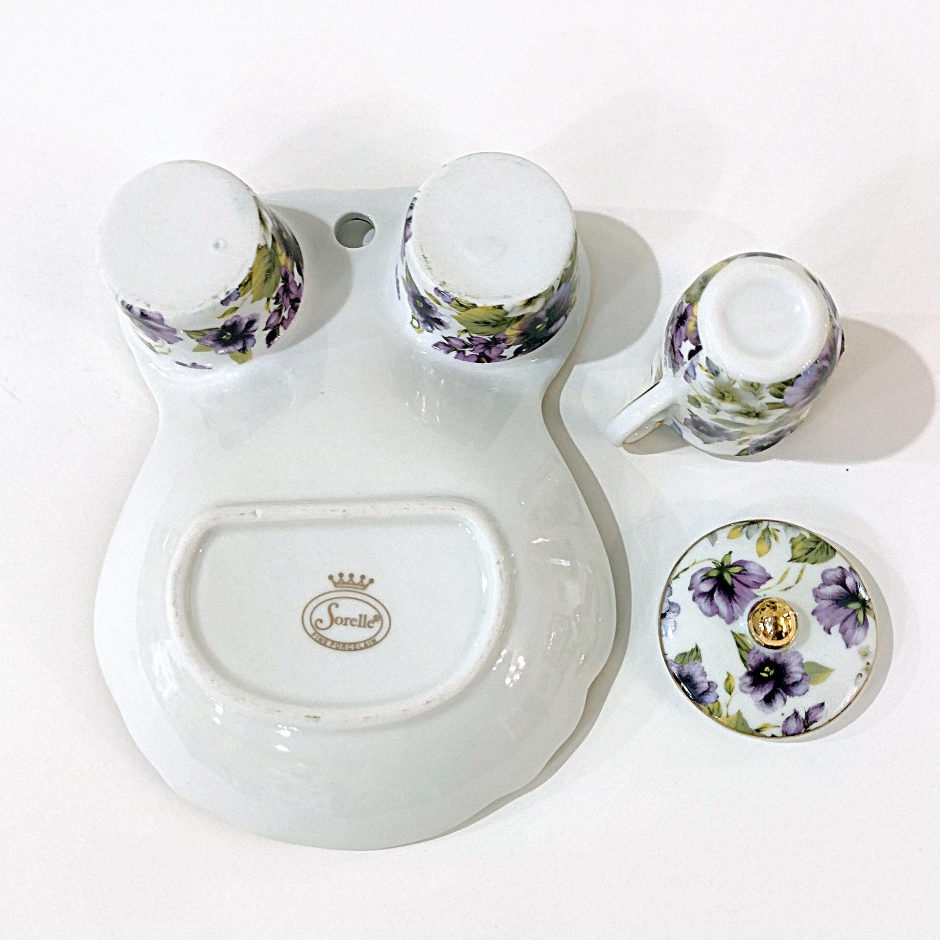 Vintage Purple Violets Floral Tea Cup Holder Plate with Creamer and Sugar Bowl, Victorian Style Porcelain Tea Set