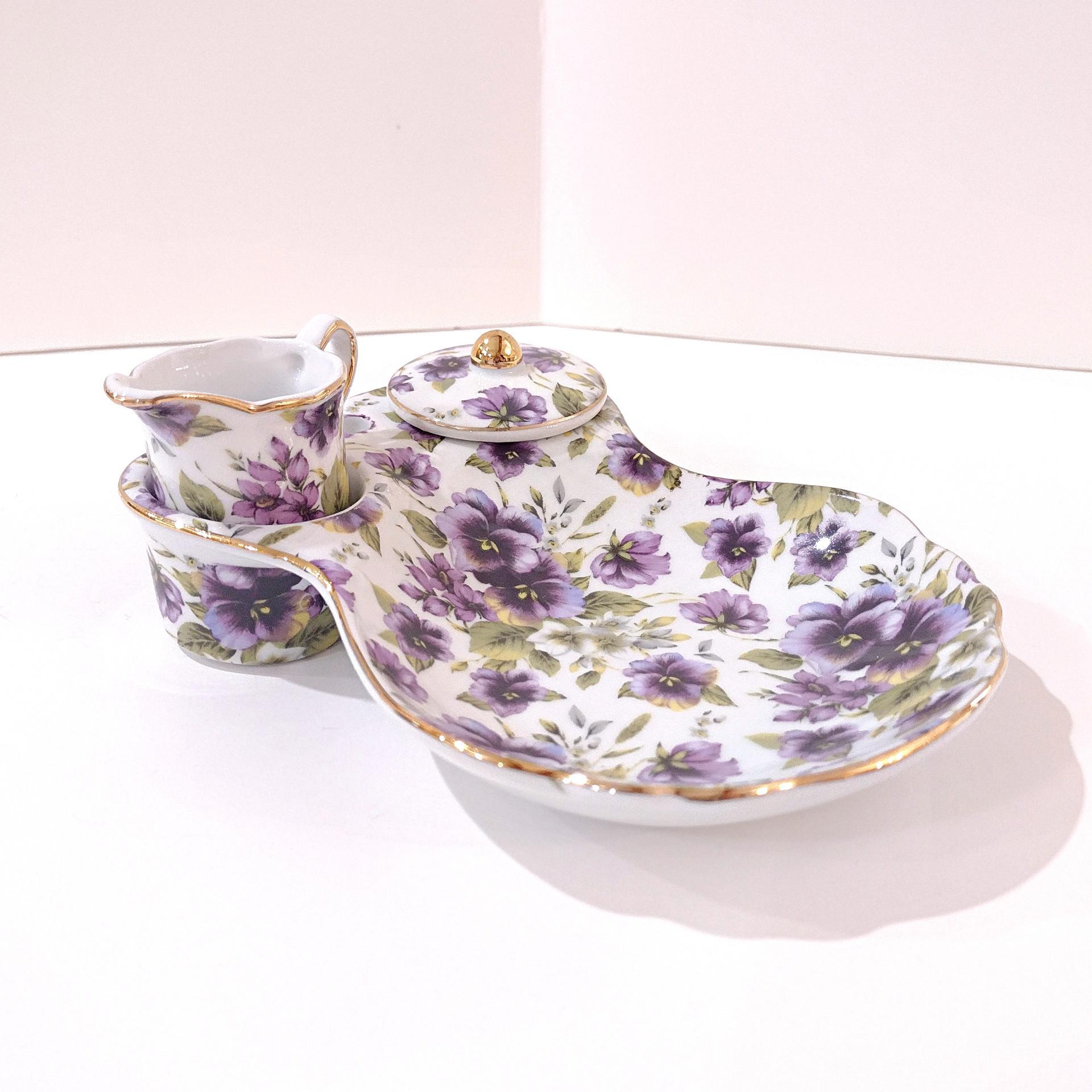 Vintage Purple Violets Floral Tea Cup Holder Plate with Creamer and Sugar Bowl, Victorian Style Porcelain Tea Set