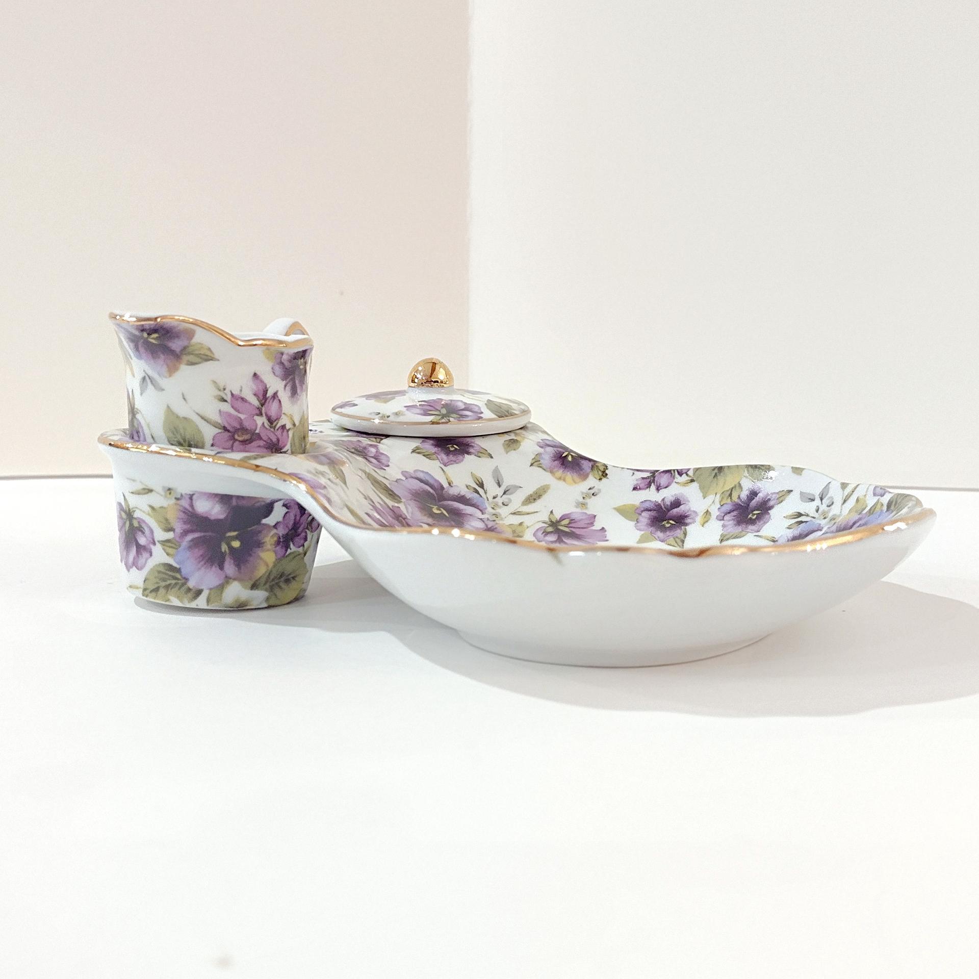 Vintage Purple Violets Floral Tea Cup Holder Plate with Creamer and Sugar Bowl, Victorian Style Porcelain Tea Set