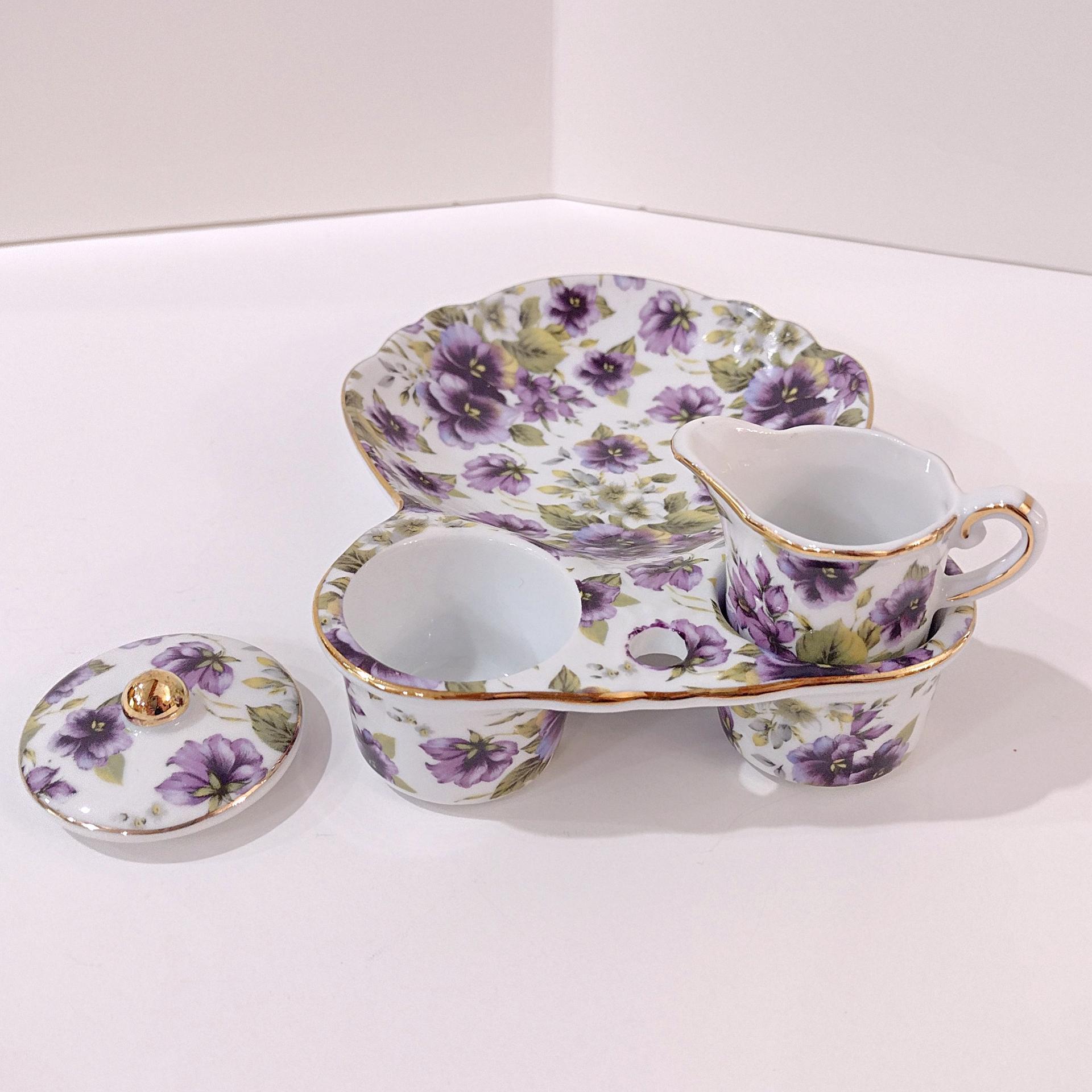 Vintage Purple Violets Floral Tea Cup Holder Plate with Creamer and Sugar Bowl, Victorian Style Porcelain Tea Set