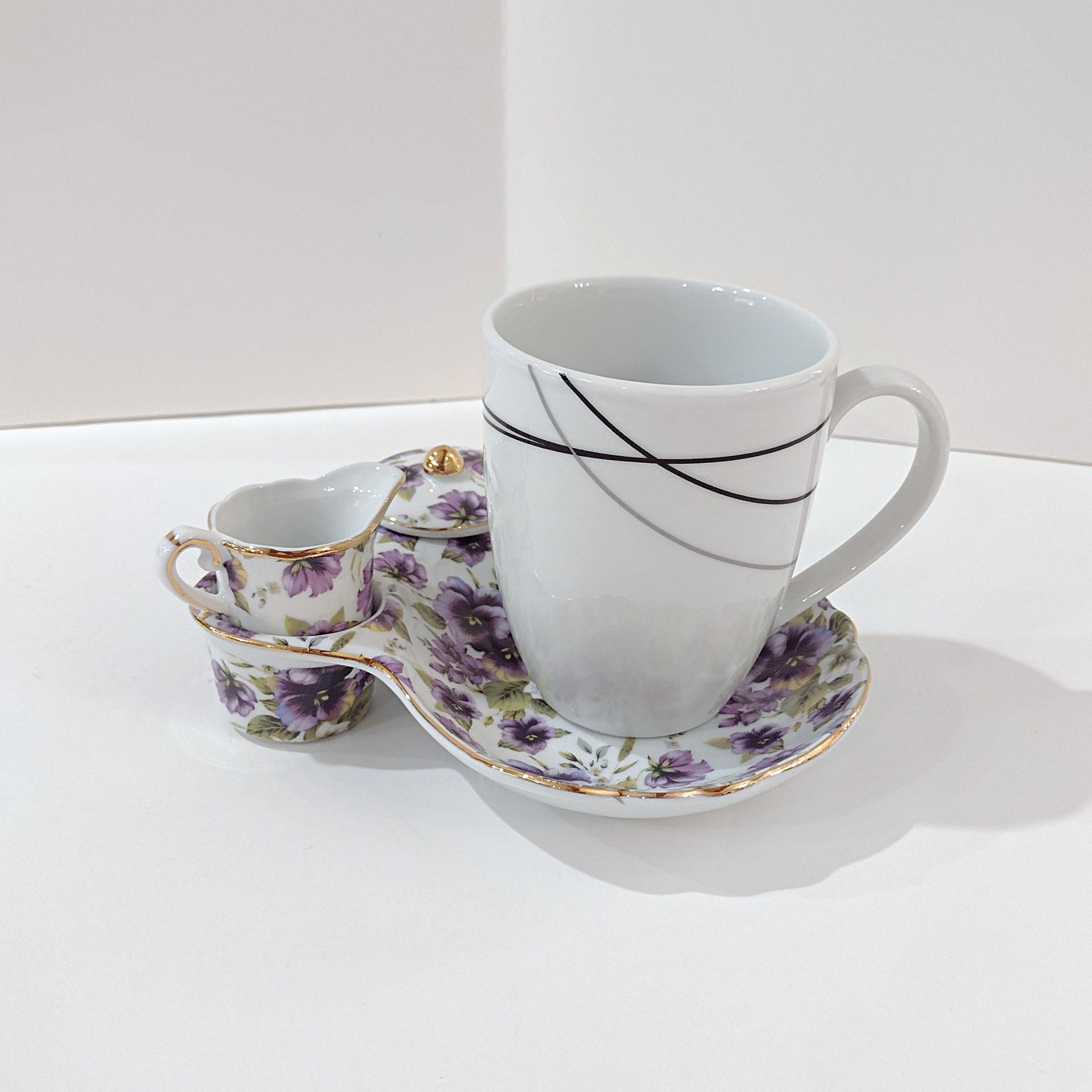 Vintage Purple Violets Floral Tea Cup Holder Plate with Creamer and Sugar Bowl, Victorian Style Porcelain Tea Set