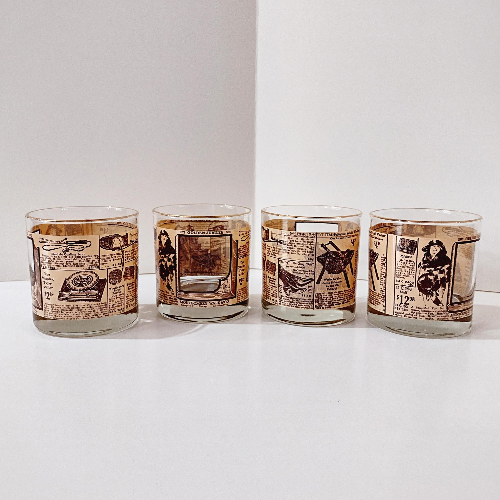 Vintage Montgomery Ward Golden Jubilee 1872-1922 Catalog Whiskey Lowball Rocks Glasses, Houze Art Glasses