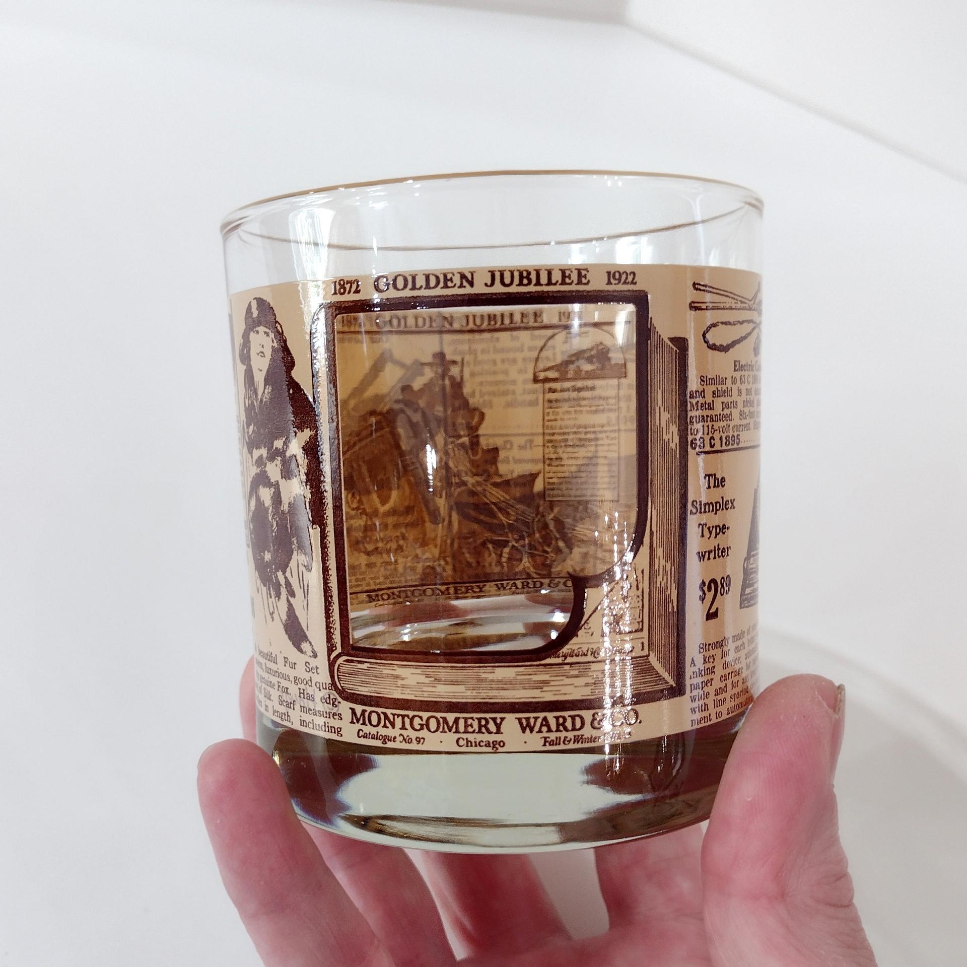 Vintage Montgomery Ward Golden Jubilee 1872-1922 Catalog Whiskey Lowball Rocks Glasses, Houze Art Glasses