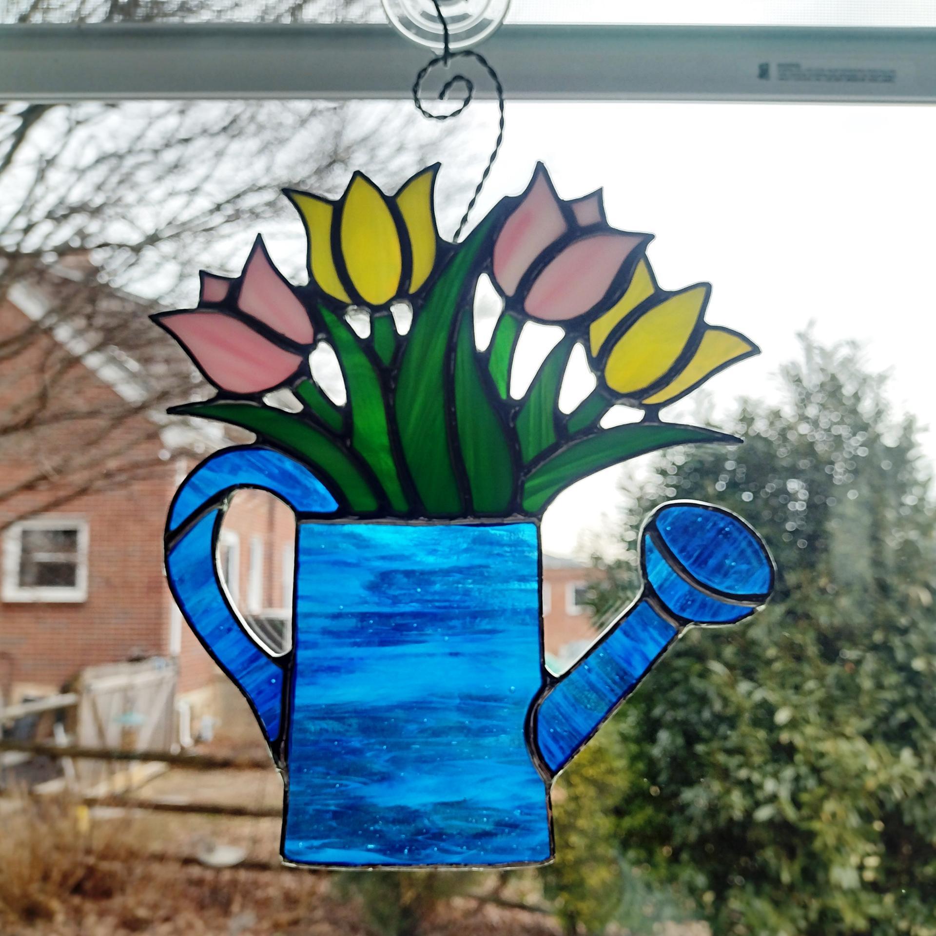 Stained Glass Tulips in Watering Can Suncatcher, Pink and Yellow Tulips Bouquet