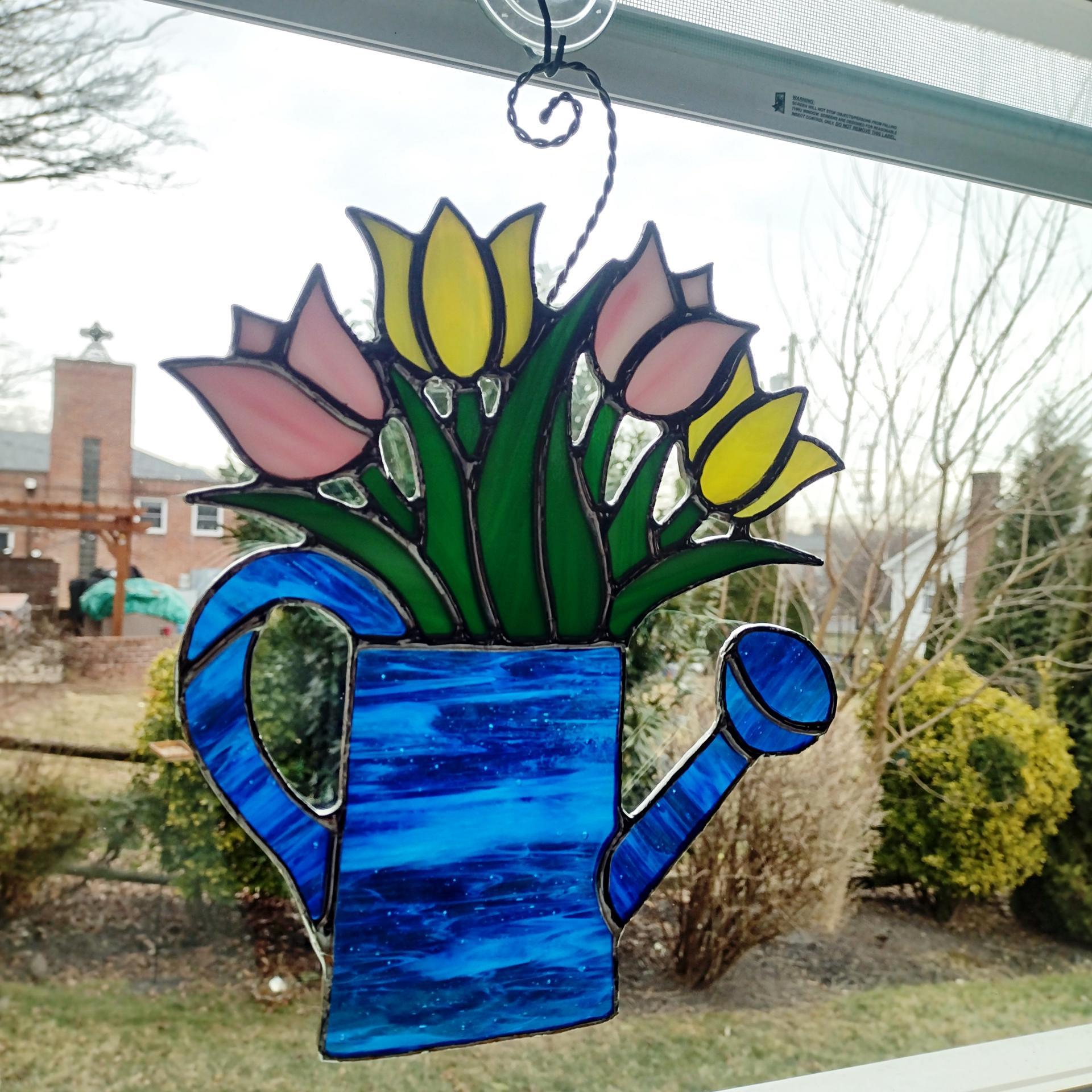 Stained Glass Tulips in Watering Can Suncatcher, Pink and Yellow Tulips Bouquet