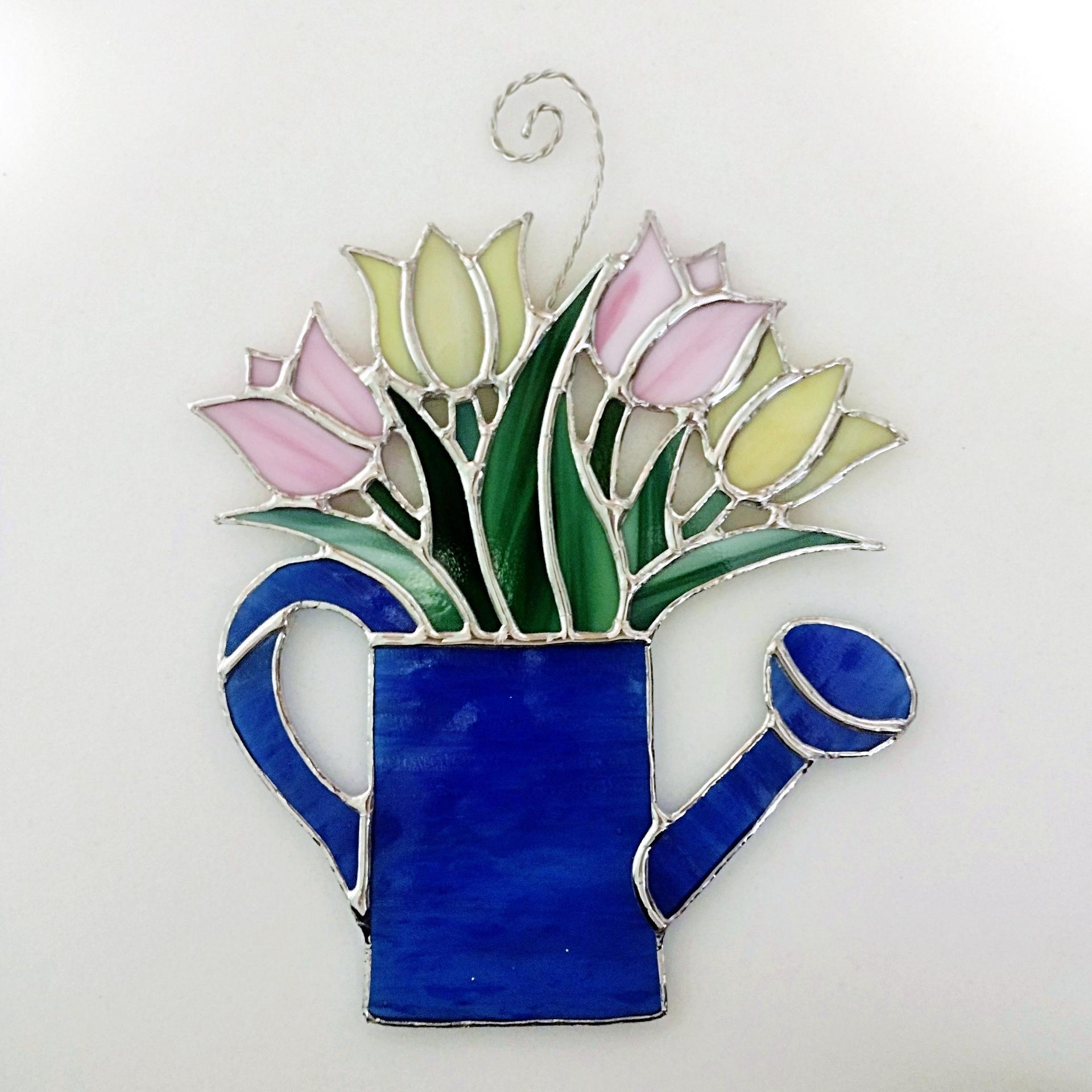 Stained Glass Tulips in Watering Can Suncatcher, Pink and Yellow Tulips Bouquet