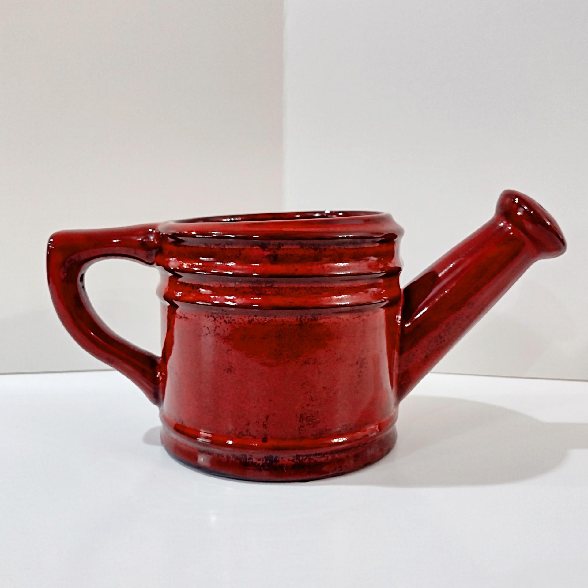Vintage Red Ceramic Watering Can Planter Pot, Indoor Outdoor Flower Planter