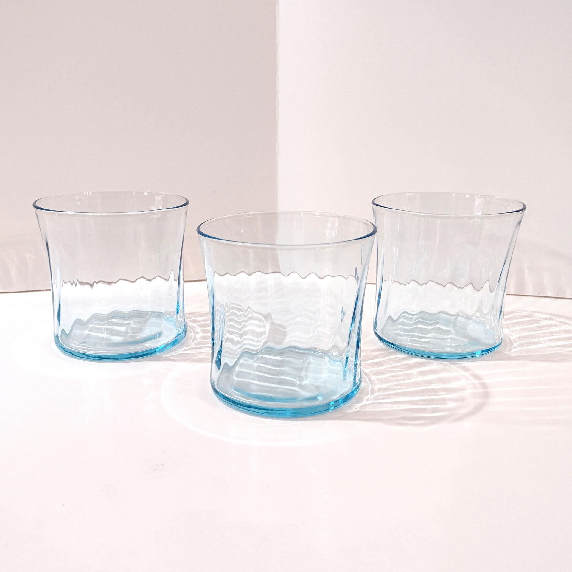 Vintage Light Aqua Blue Swirl Optic Lowball Rocks Glasses, Set of Three, MCM Whiskey Glasses