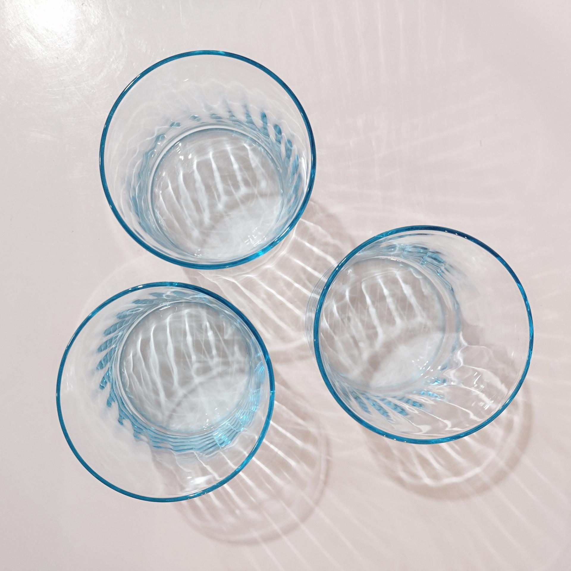 Vintage Light Aqua Blue Swirl Optic Lowball Rocks Glasses, Set of Three, MCM Whiskey Glasses