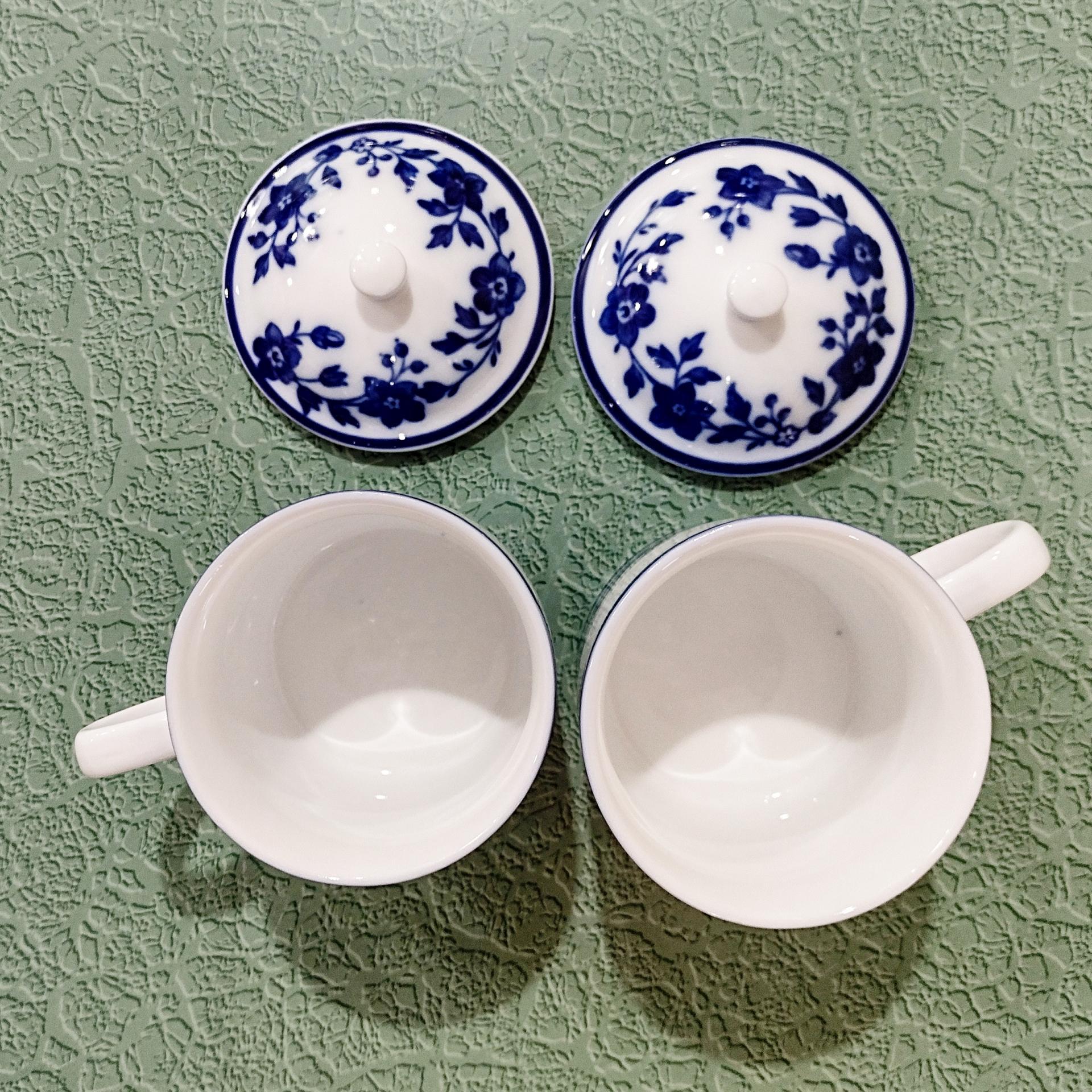 Vintage Williams Sonoma Flow Blue Floral Mugs with Lids, Set of Two
