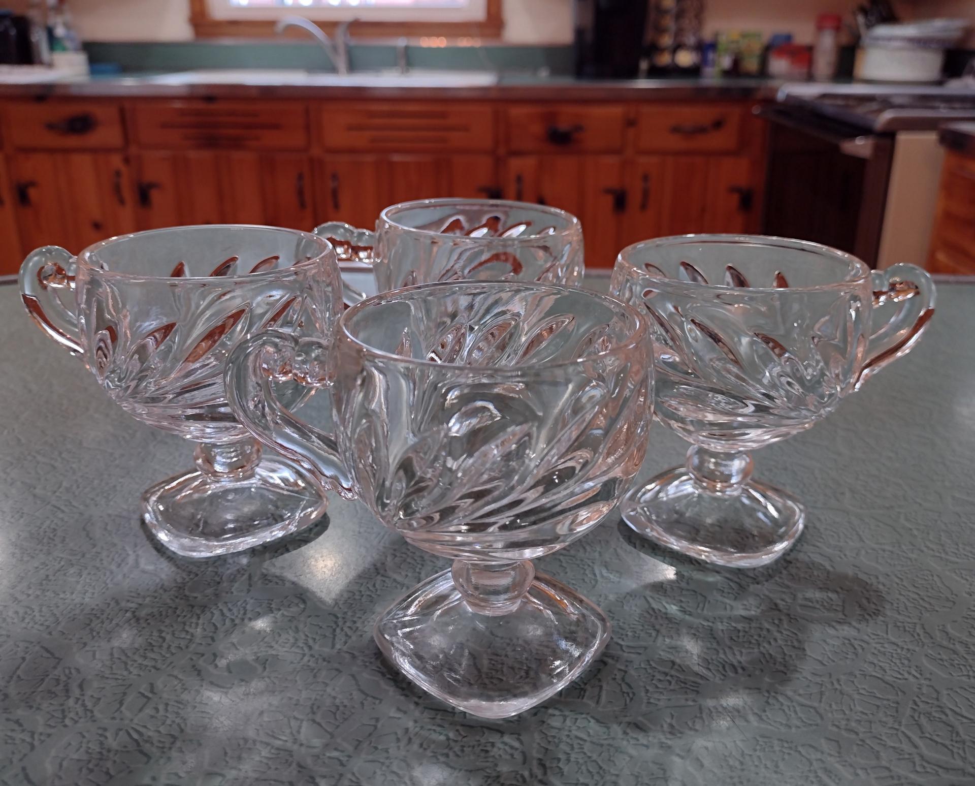Set of Four Vintage Indiana Glass Willow Clear Footed Punch Cups, Pressed Glass Espresso Cups