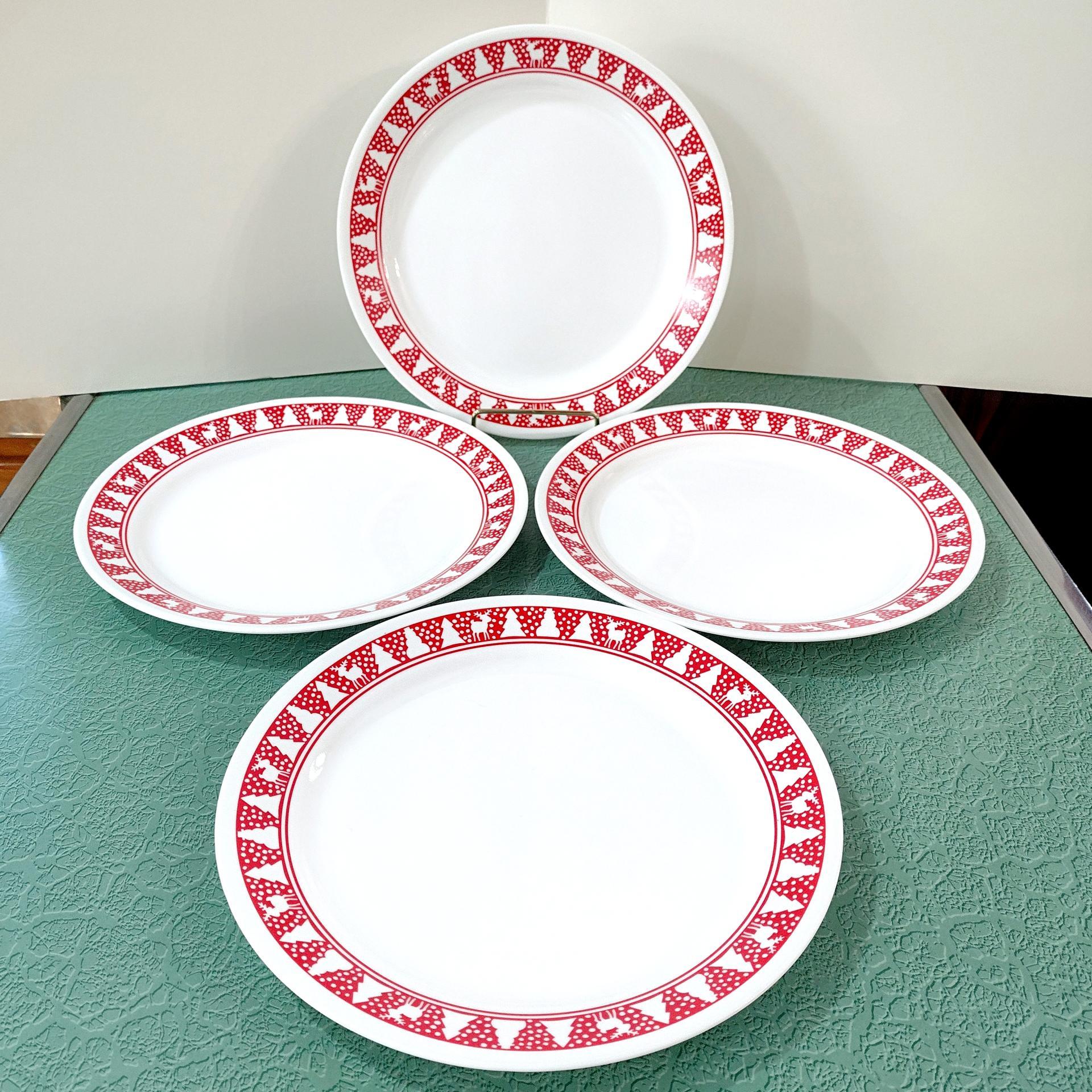 Vintage Corelle Red Winter Festival Dinner Plates, Set of 4, Corning Christmas Servingware, Holiday Dinnerware
