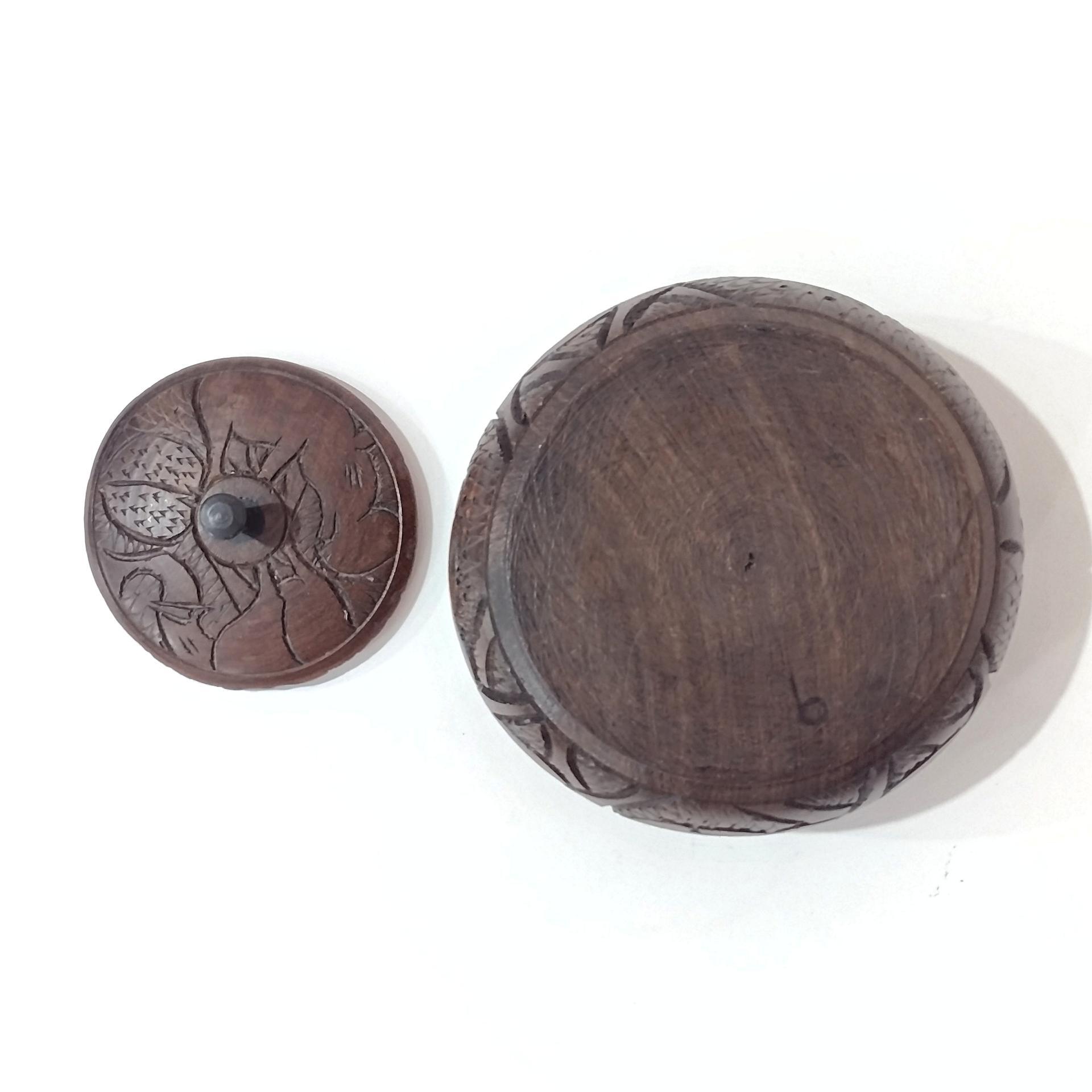 Vintage African Carved Wooden Round Trinket Box with Elephant, Rhino, and Hippo, Safari Animal Wood Container with Lid