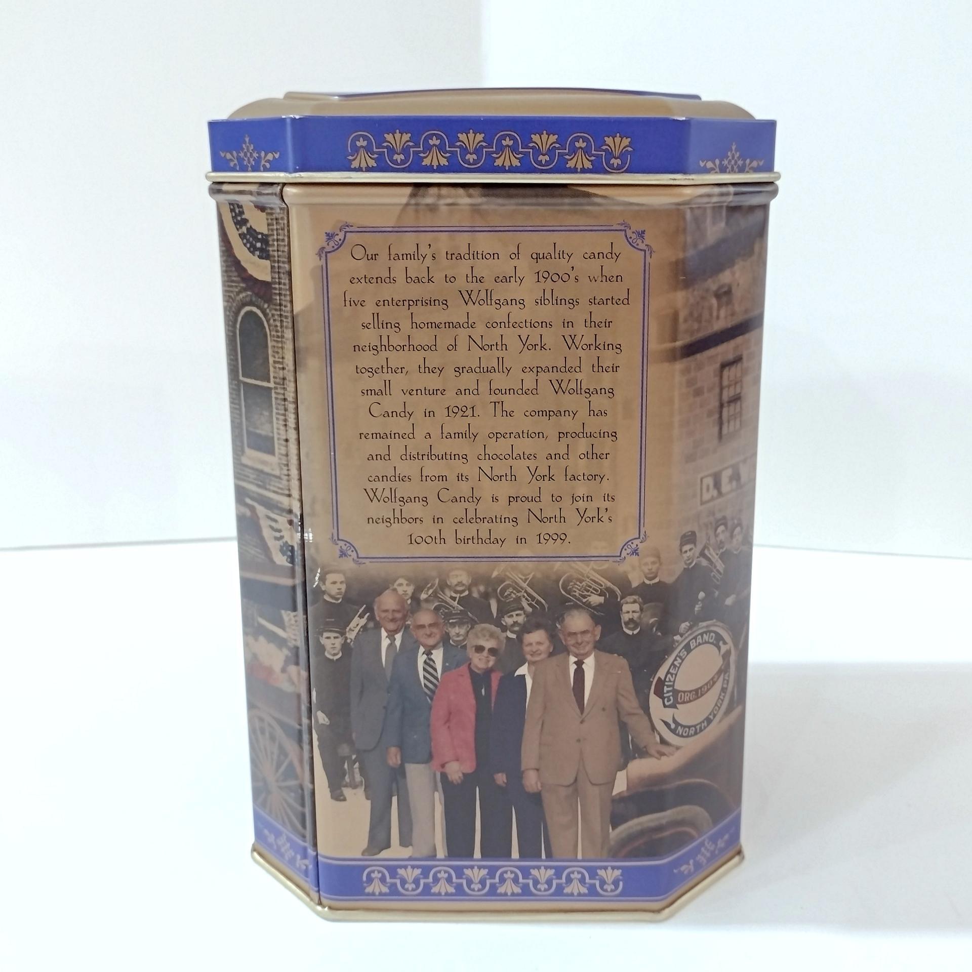 Vintage Retro Wolfgang Candies Mima Mae Collectible Tin, D. E. Wolfgang's Homemade Candies Historical Storage Tin Box