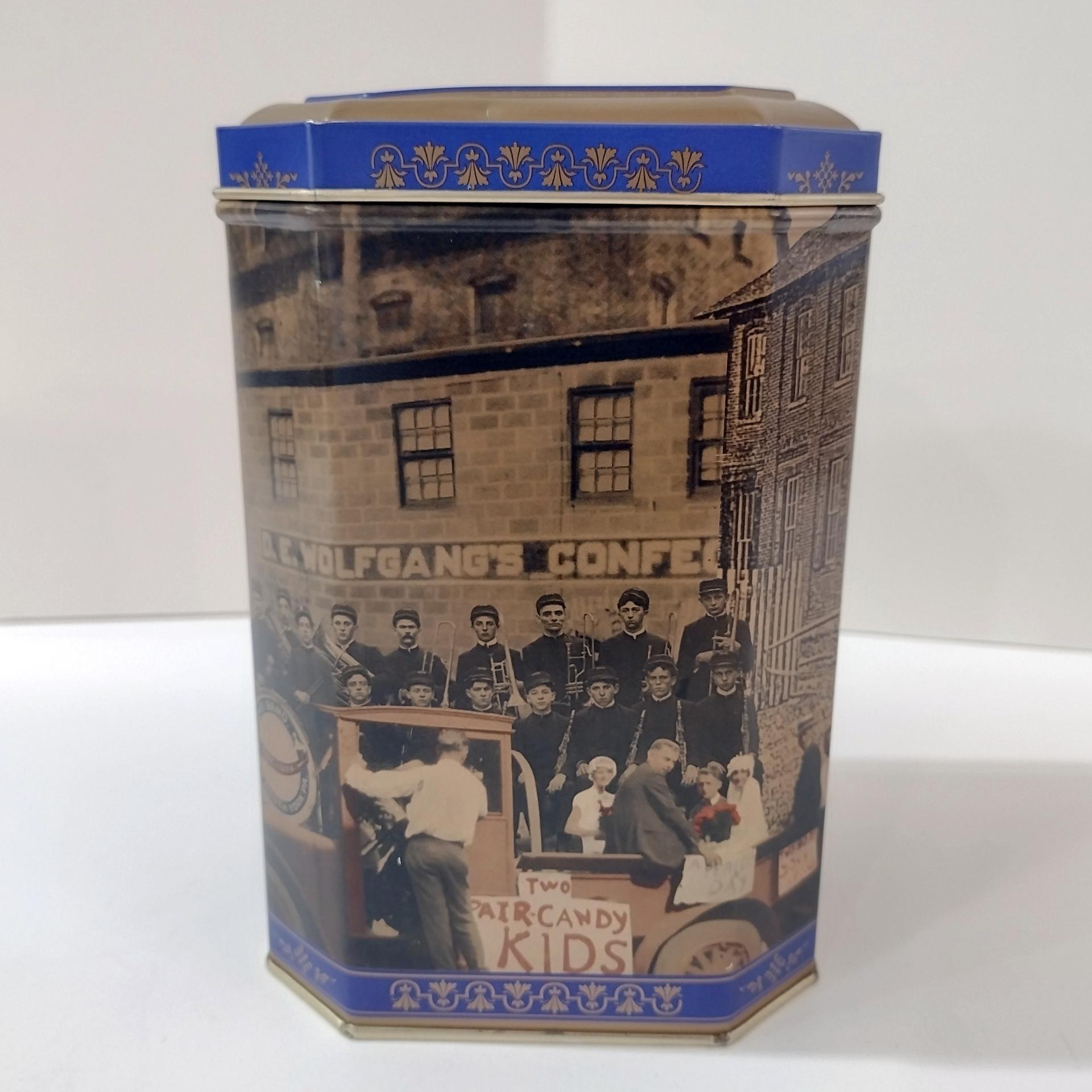 Vintage Retro Wolfgang Candies Mima Mae Collectible Tin, D. E. Wolfgang's Homemade Candies Historical Storage Tin Box
