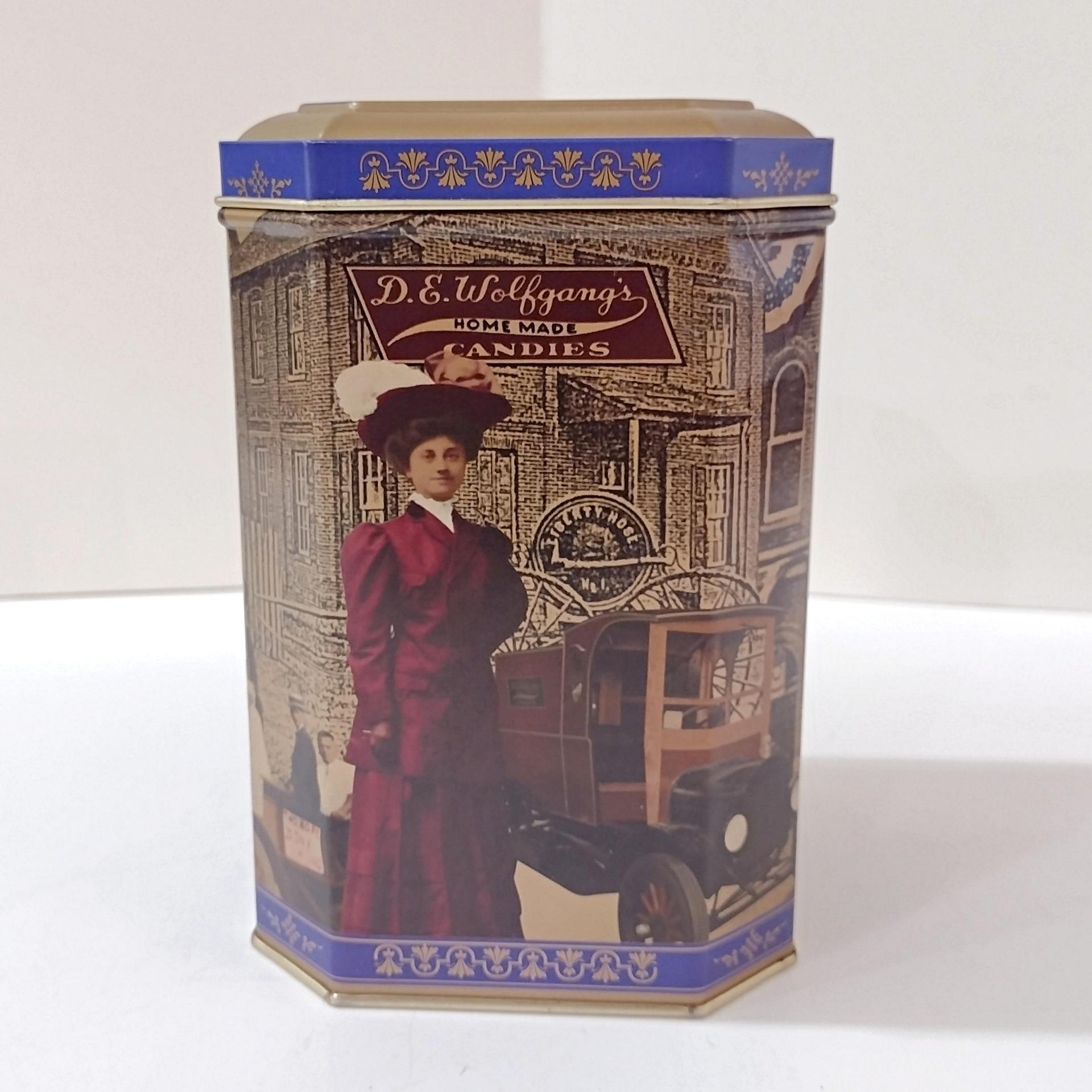 Vintage Retro Wolfgang Candies Mima Mae Collectible Tin, D. E. Wolfgang's Homemade Candies Historical Storage Tin Box