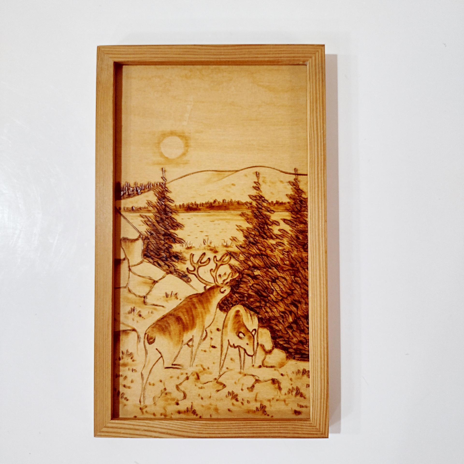 Vintage Wood Burned Etched Wooden Animal Mountain Landscape Wall Hanging, Finnish Wood Art
