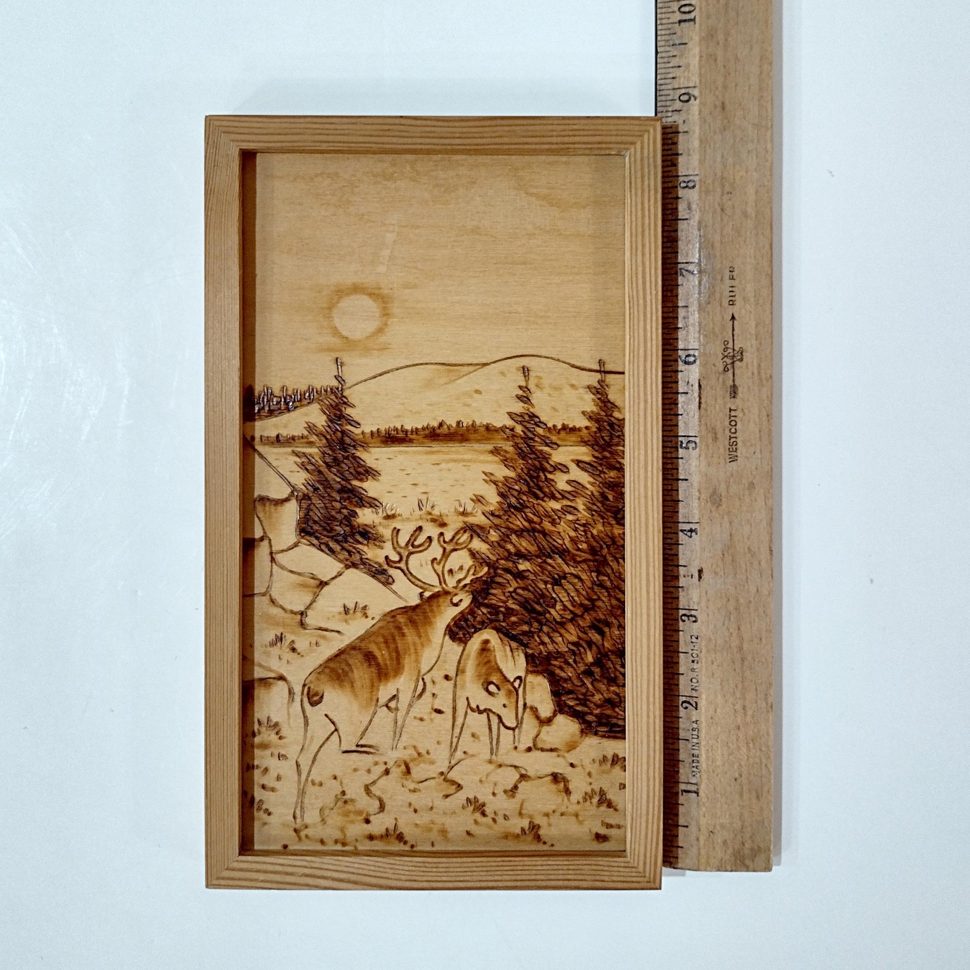 Vintage Wood Burned Etched Wooden Animal Mountain Landscape Wall Hanging, Finnish Wood Art