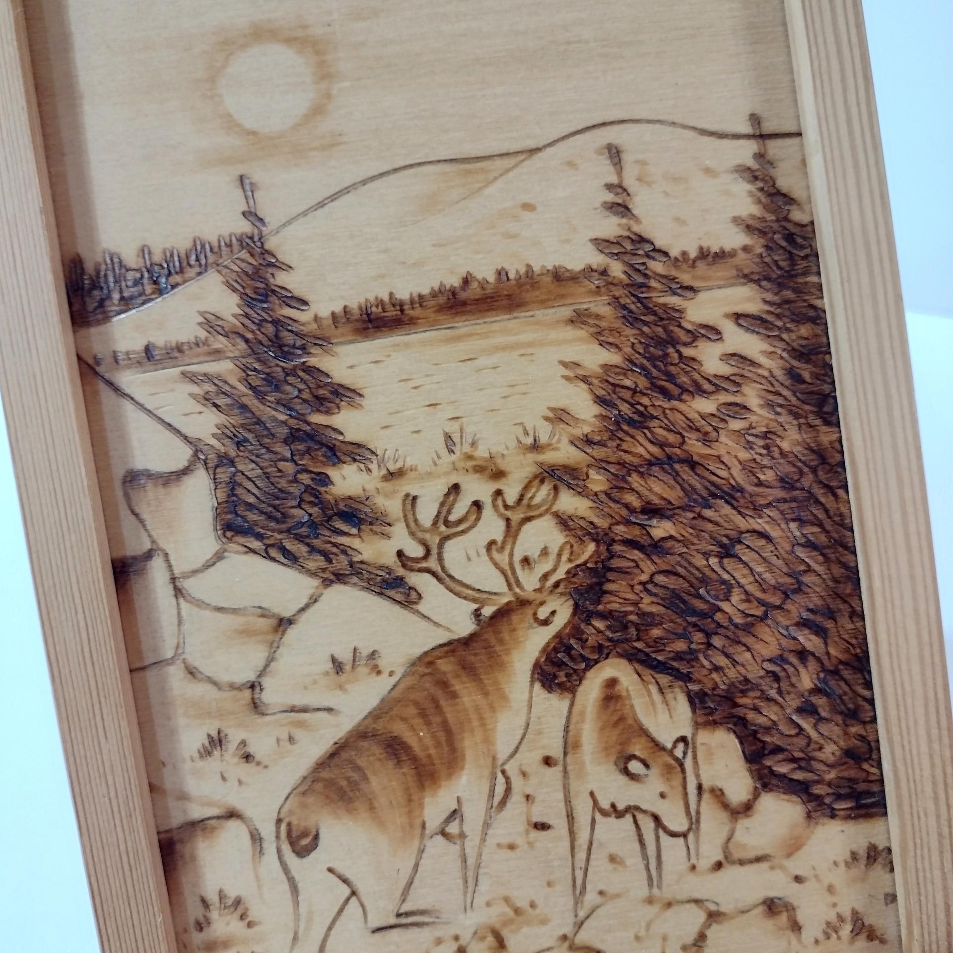 Vintage Wood Burned Etched Wooden Animal Mountain Landscape Wall Hanging, Finnish Wood Art