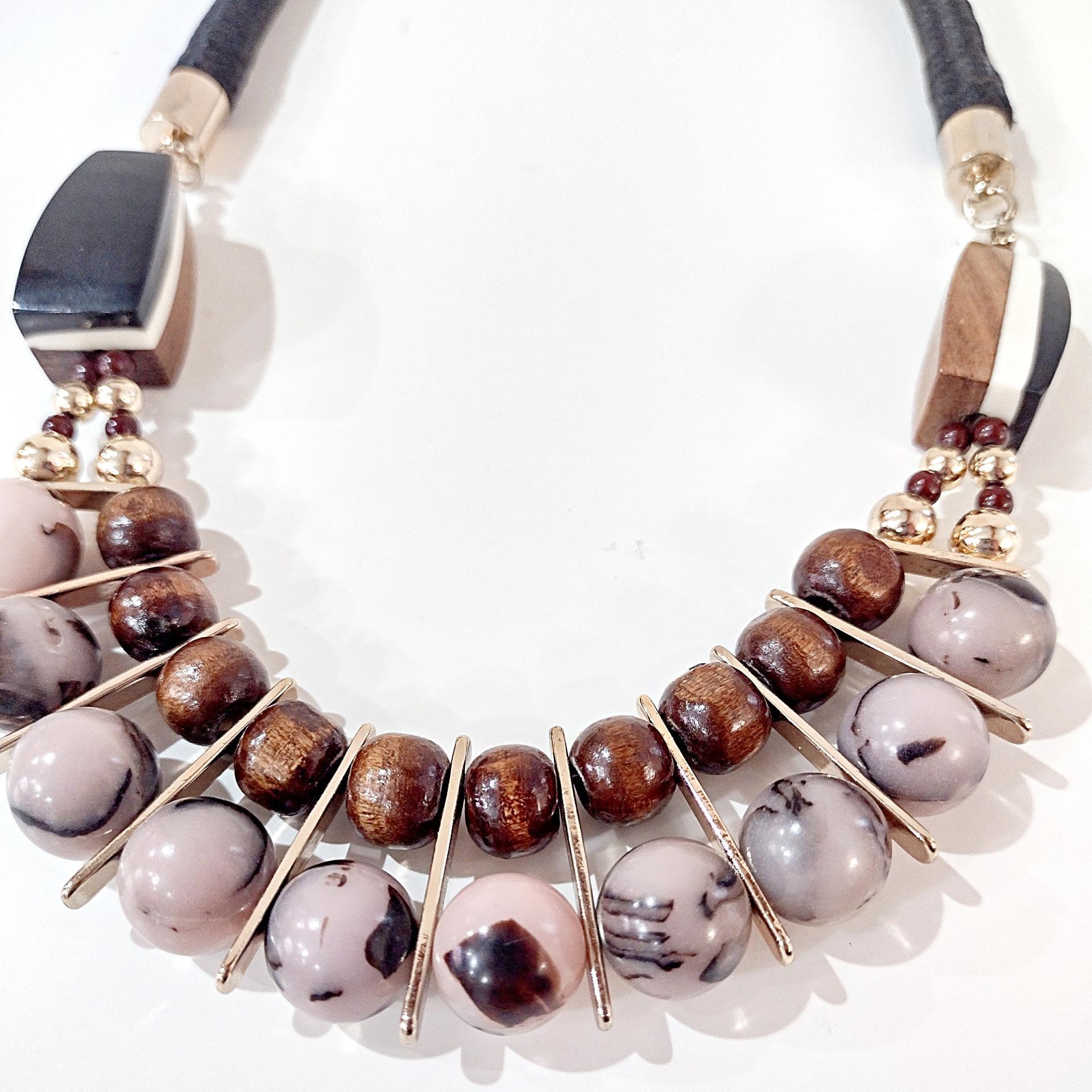 Vintage Wooden Beaded, Rope, and Gold Toned Brown Black Tan Chico's Statement Necklace
