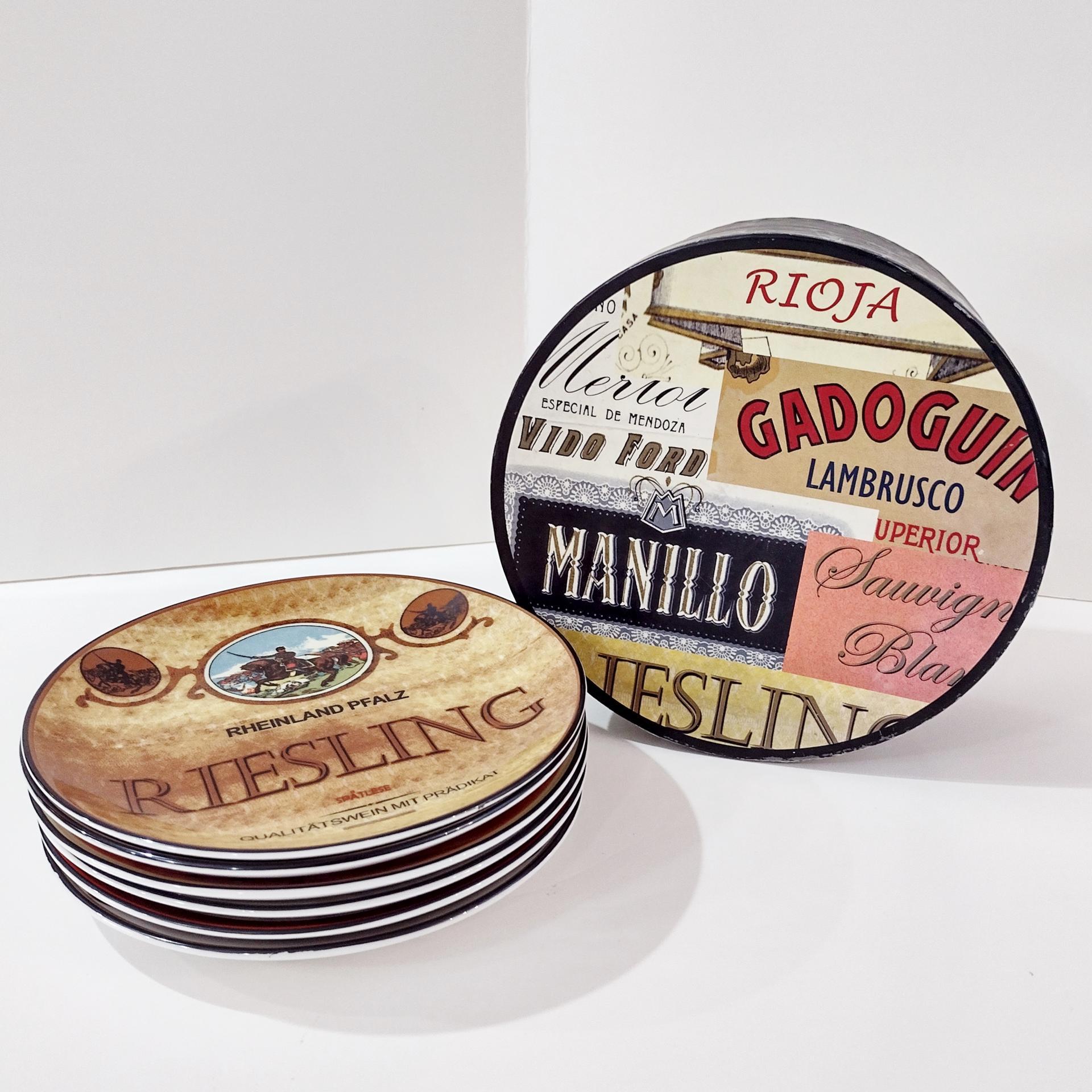 Vintage Wine Themed Appetizer Plates, Set of Six