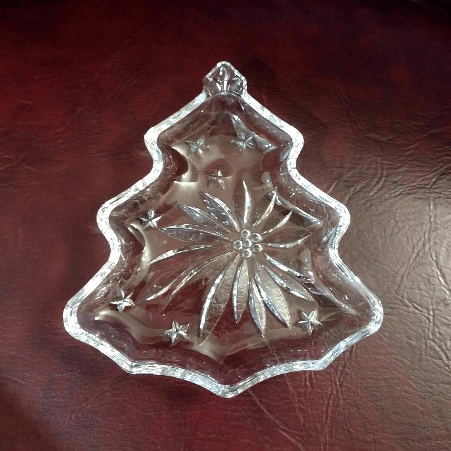 Vintage Clear Glass Christmas Tree Trinket Candy Sauce Dish, Poinsettia Leaf and Stars Christmas Tree Shaped Dish