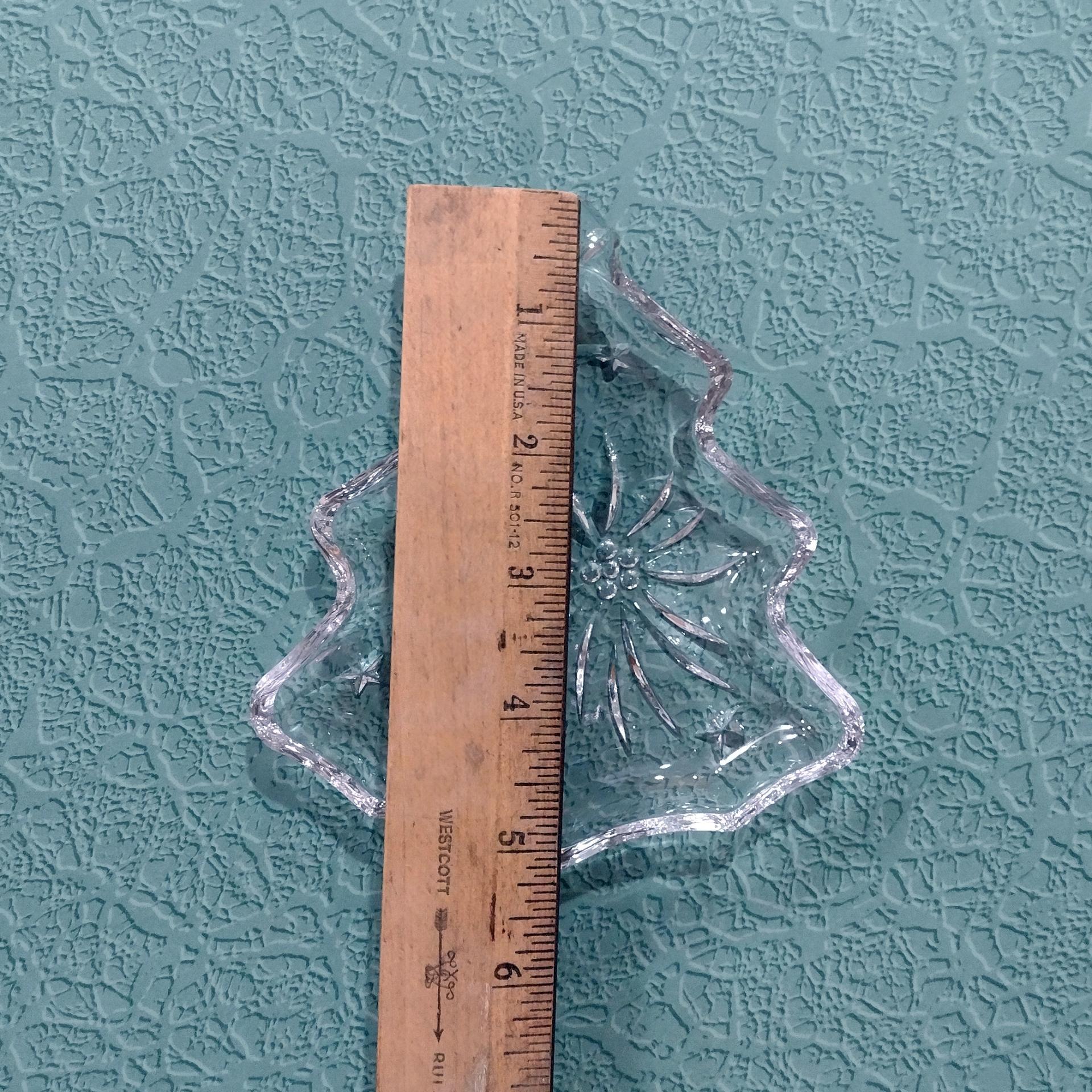 Vintage Clear Glass Christmas Tree Trinket Candy Sauce Dish, Poinsettia Leaf and Stars Christmas Tree Shaped Dish