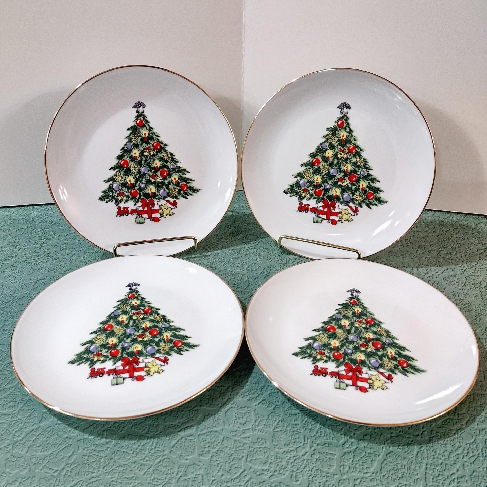 Vintage Christmas Tree Dessert Salad Appetizer Plates, Set of Four, Jamestown China Christmas Treasure Holiday Plates