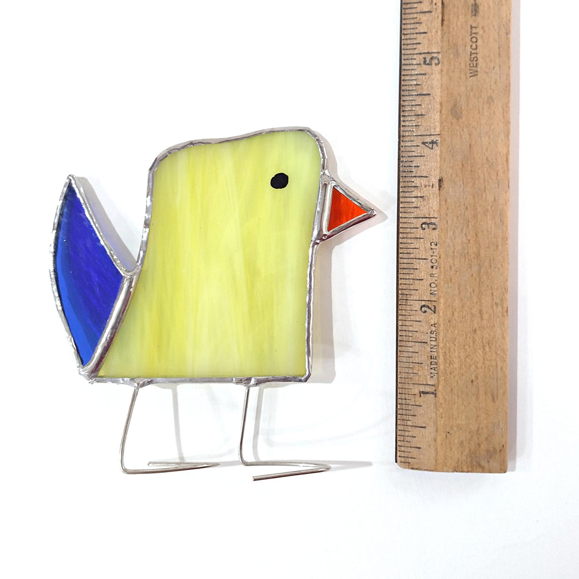 Stained Glass Standing Bird, Funky Yellow and Blue Glass Bird Suncatcher, Bird Lover Gift, Windowsill Sitter