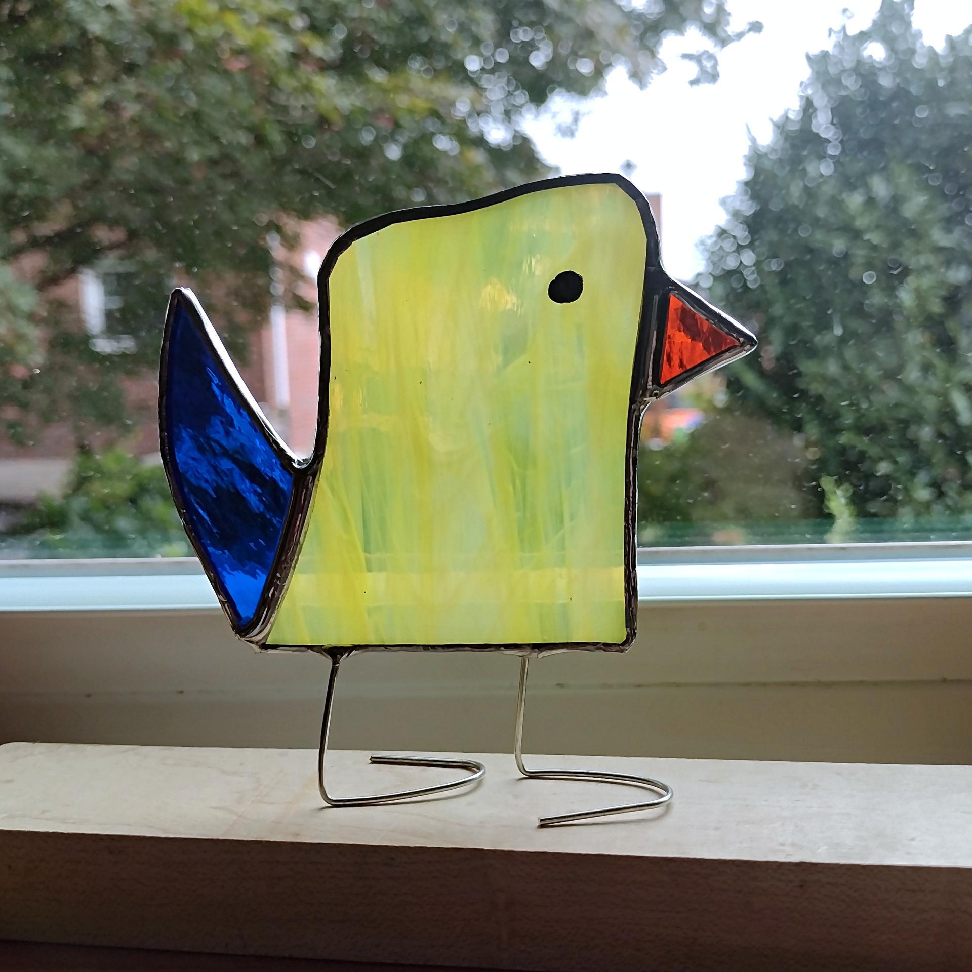Stained Glass Standing Bird, Funky Yellow and Blue Glass Bird Suncatcher, Bird Lover Gift, Windowsill Sitter
