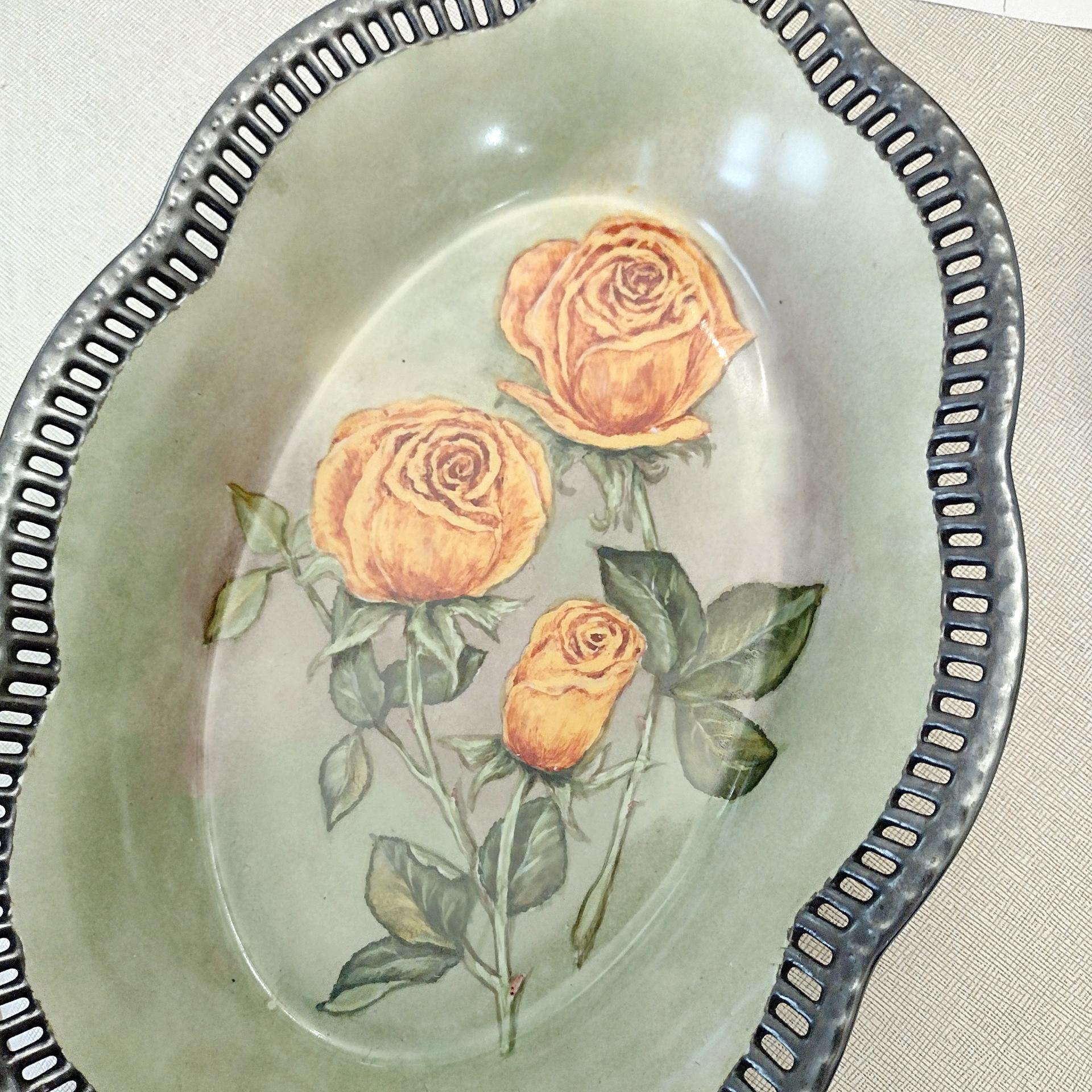 Antique Schumann Bavaria Germany Large Oval Porcelain Serving Bowl with Reticulated Lattice Edge, Yellow Rose Design Dish