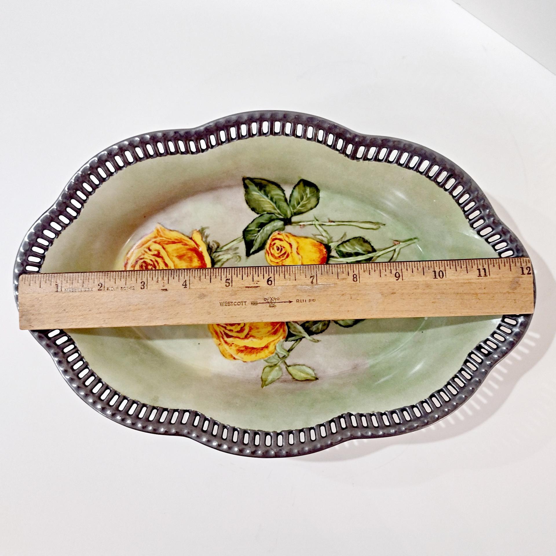 Antique Schumann Bavaria Germany Large Oval Porcelain Serving Bowl with Reticulated Lattice Edge, Yellow Rose Design Dish