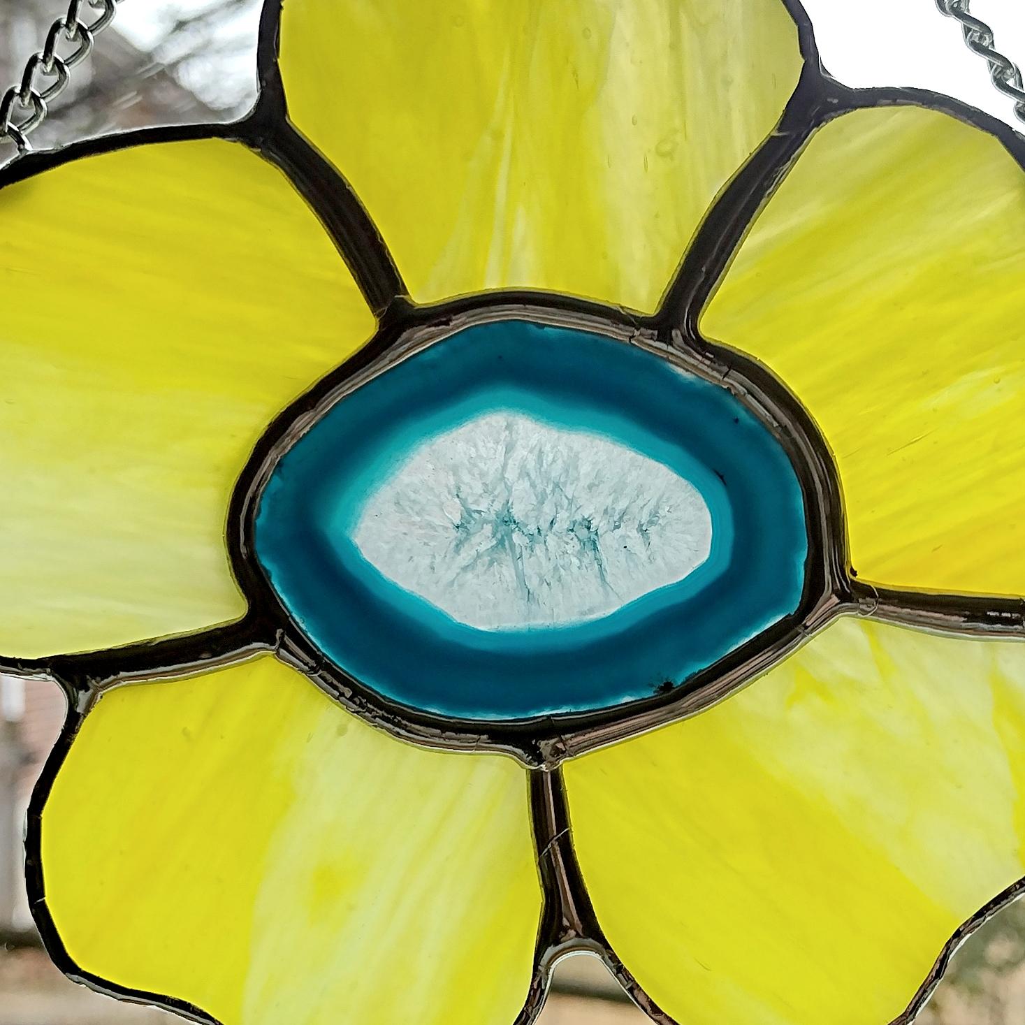Stained Glass Yellow Pansy Flower with Blue Dyed Agate Geode Center