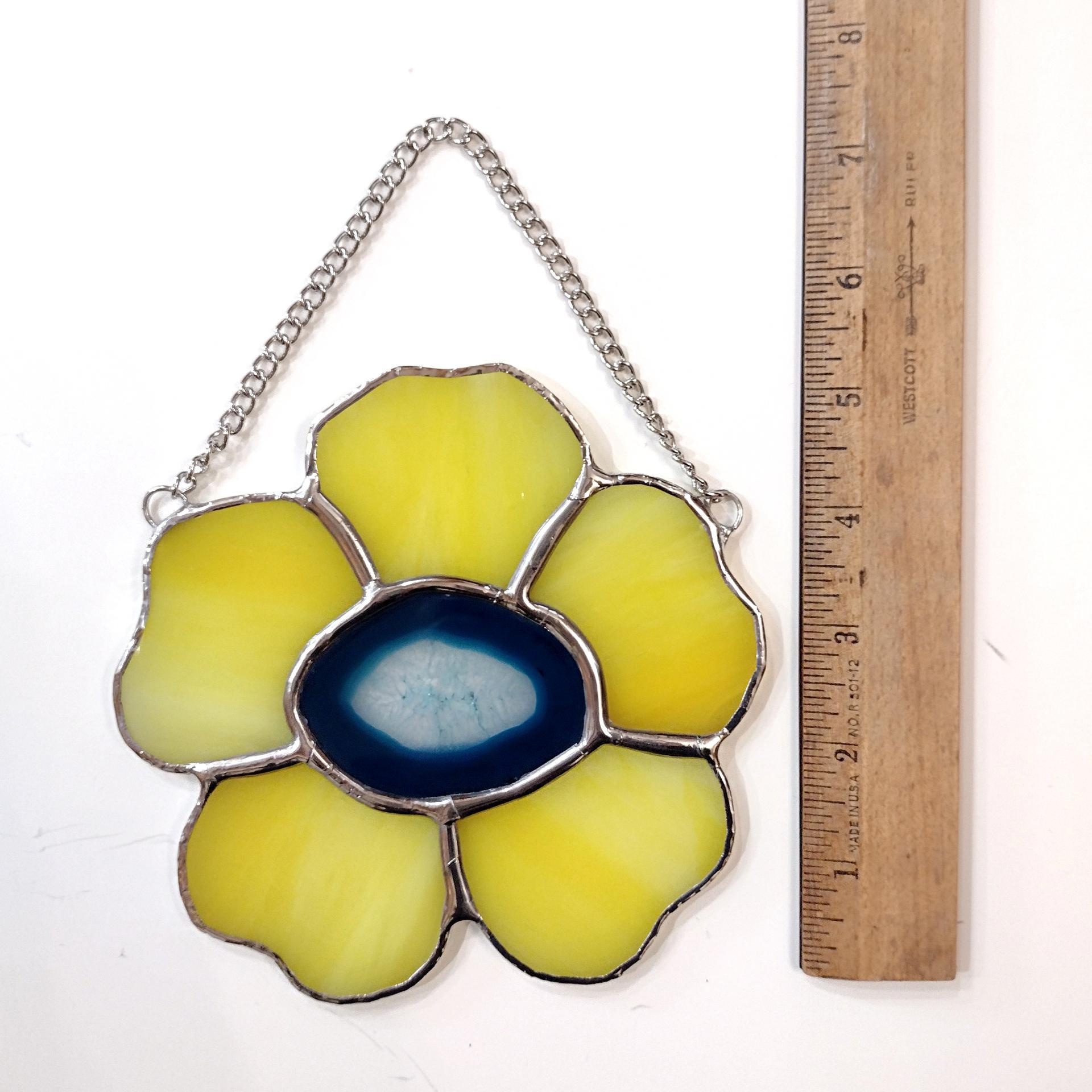 Stained Glass Yellow Pansy Flower with Blue Dyed Agate Geode Center
