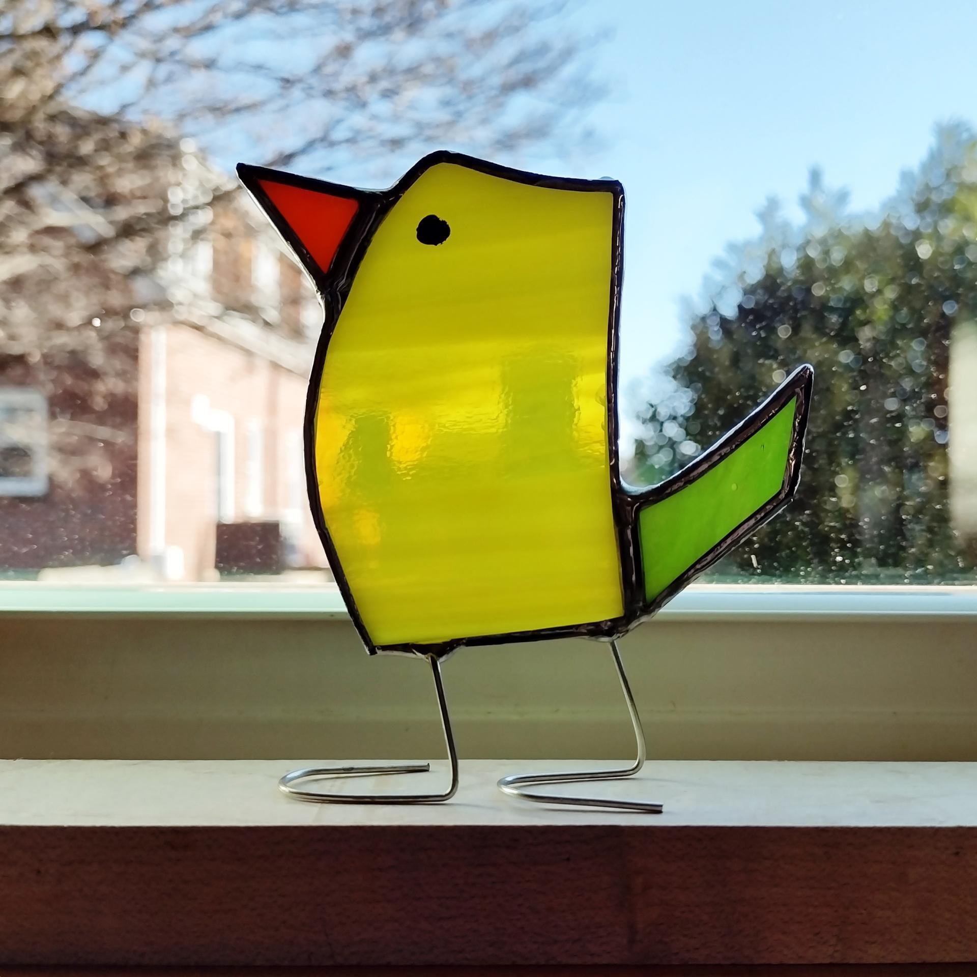 Stained Glass Standing Bird, Funky Glass Bird, Yellow and Green Bird Suncatcher, Windowsill Free Standing Bird