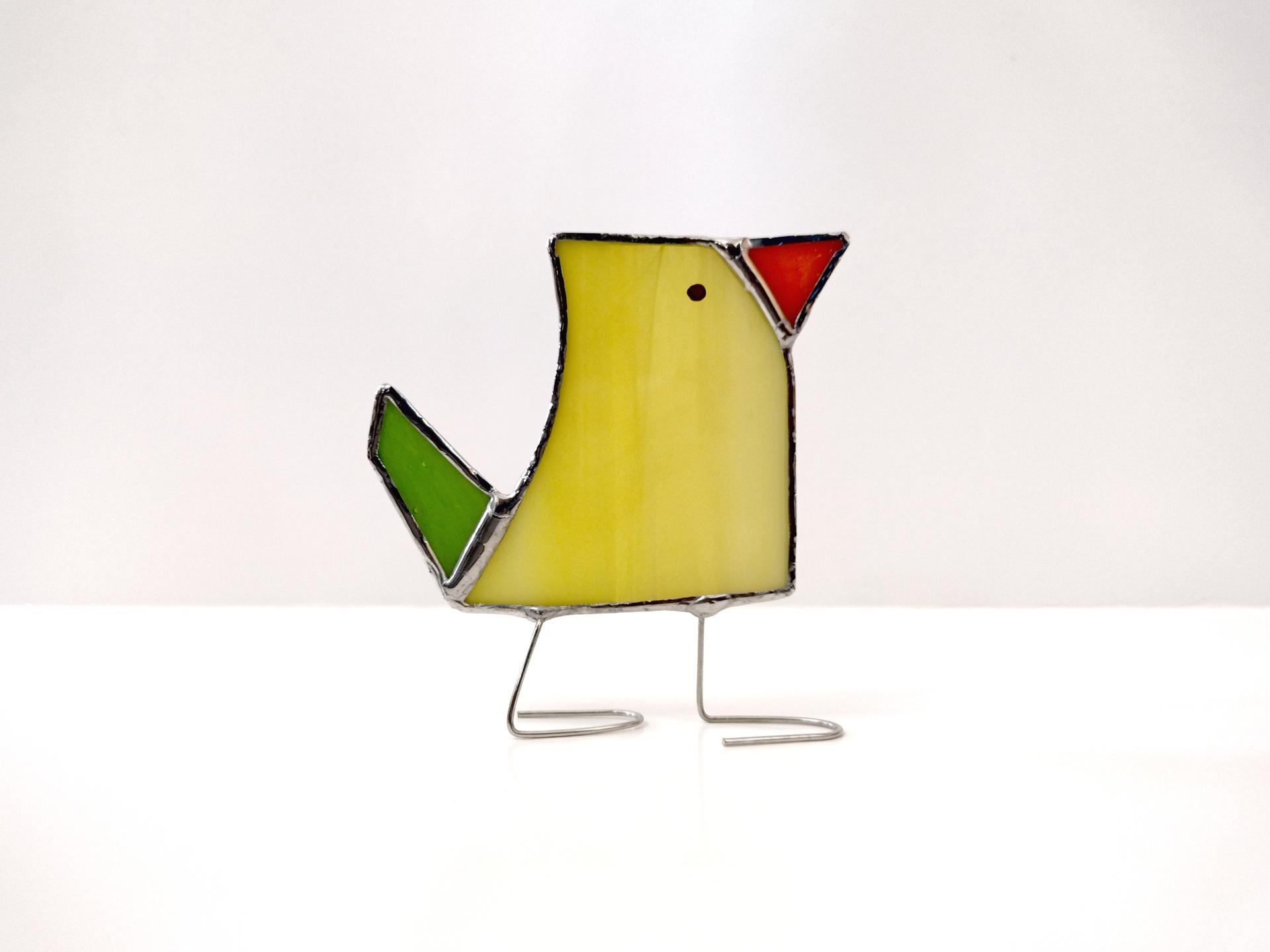 Stained Glass Standing Bird, Funky Glass Bird, Yellow and Green Bird Suncatcher, Windowsill Free Standing Bird