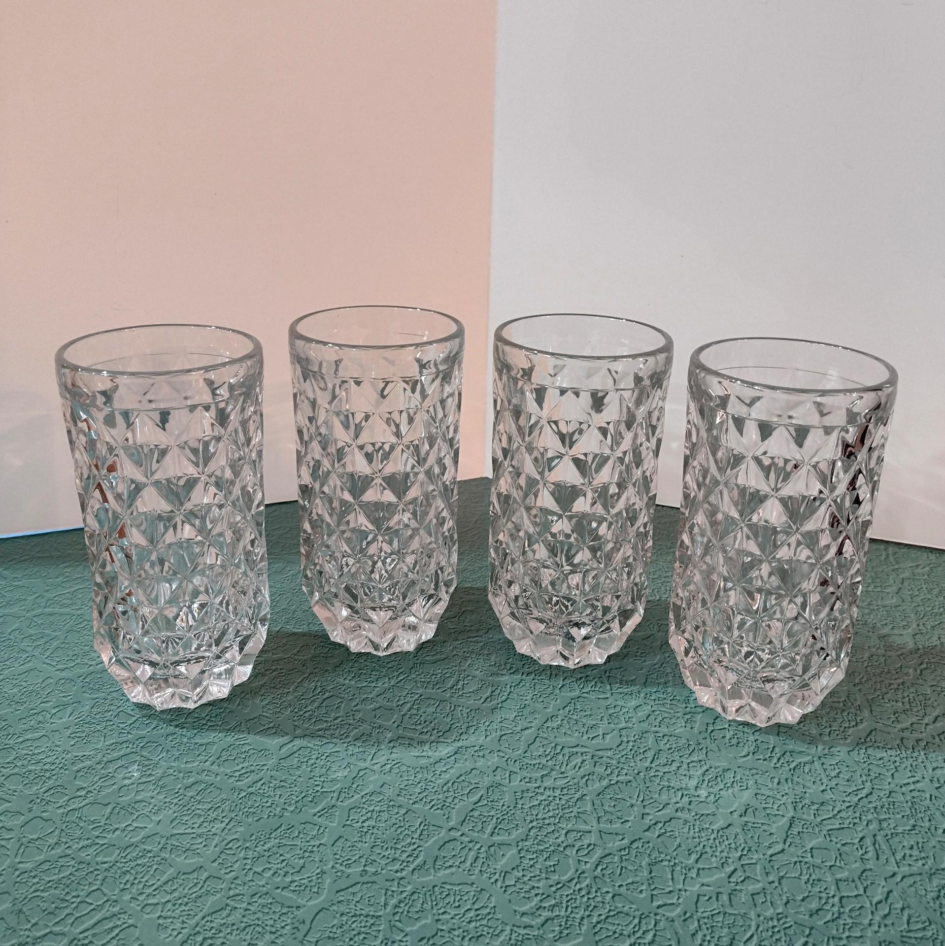 Vintage Fostoria York Highball Glasses, Set of 4, Diamond Optic Heavy Glass 12 Ounce Tumblers