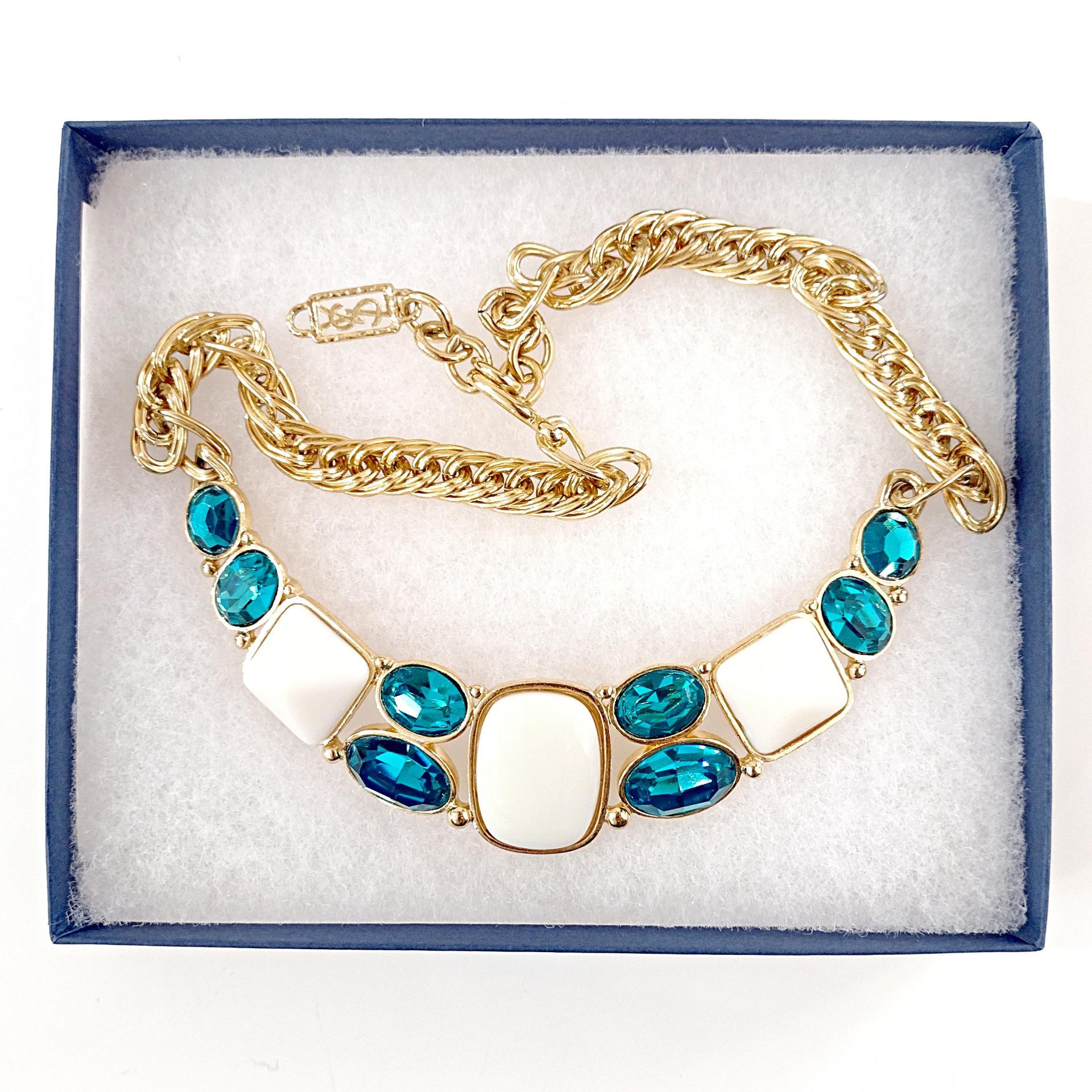Vintage Yves Saint Laurent Crescent Moon Necklace, YSL Aqua Blue Jewel and White Resin Cabochons with Gold Tone Wheat Link Chain