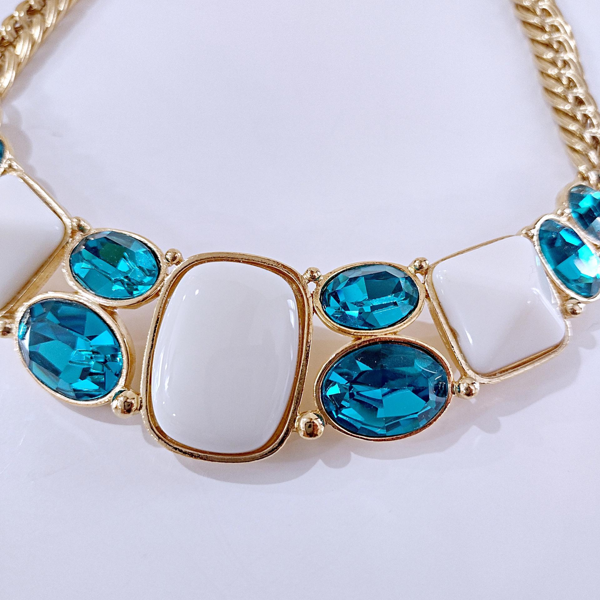 Vintage Yves Saint Laurent Crescent Moon Necklace, YSL Aqua Blue Jewel and White Resin Cabochons with Gold Tone Wheat Link Chain