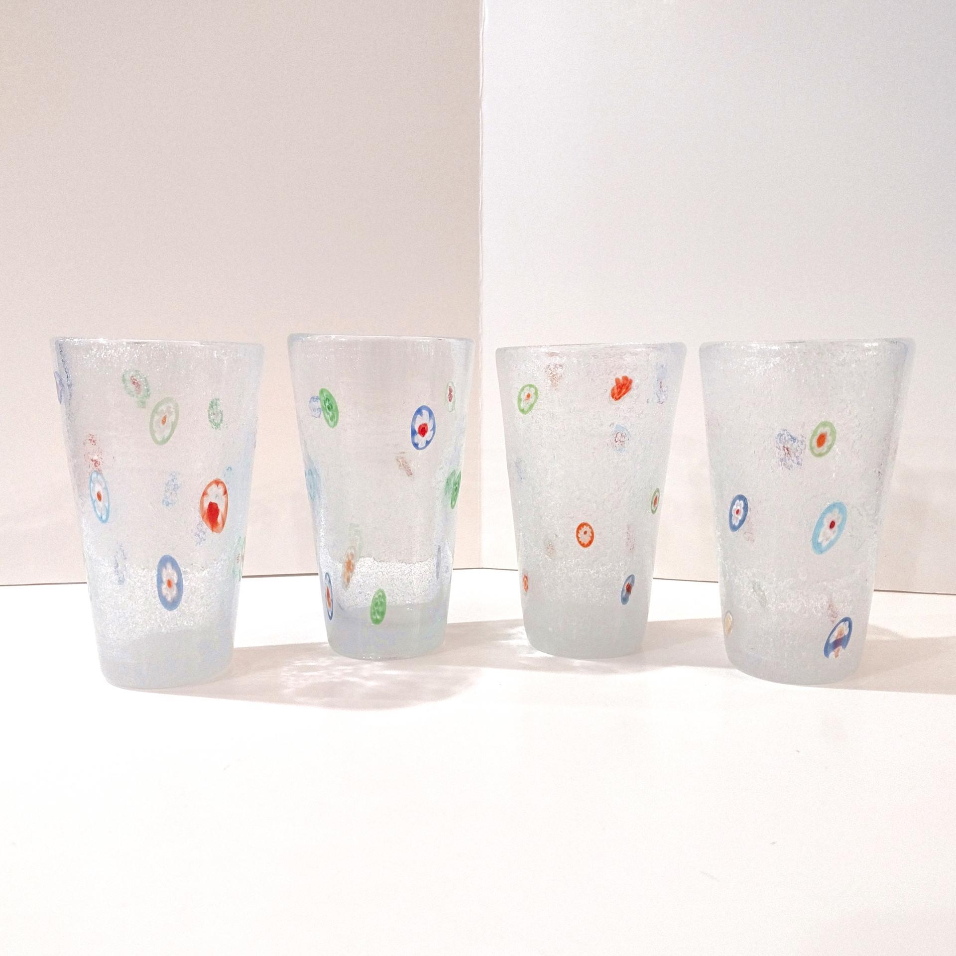 Vintage Hand Blown Millefiori Bubble Glass Highball Tumblers, Set of Four, Crate and Barrel Zazz Glasses