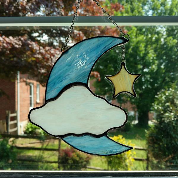 Moon, Cloud, and Star Stained Glass Suncatcher