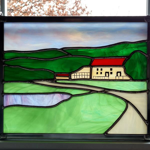 Stained glass panel rendering of the Springfield Manor Inn Winery and Lavender Fields in Thurmont, Maryland. Measure approximately twelve inches by nine inches.