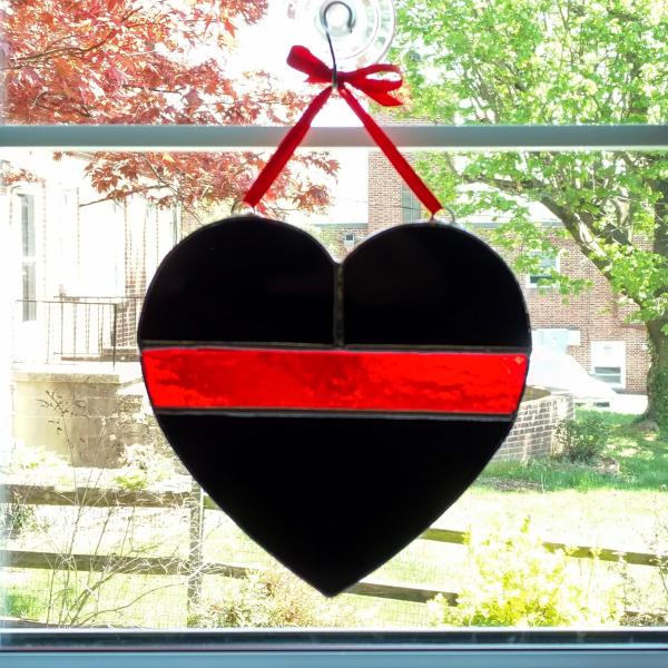 Thin Red Line Stained Glass Heart, Fire Service Symbol, Firefighter Gift