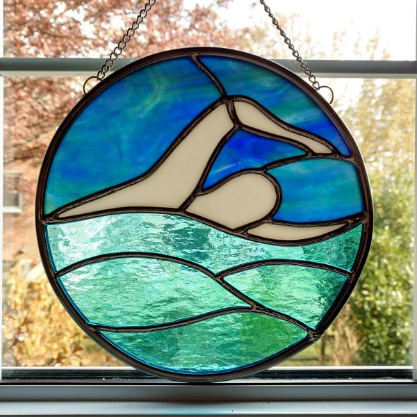 Swimmer Stained Glass Round Panel